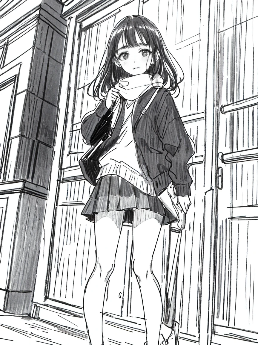 One Girl,Line art,Monochrome,sketch,Pencil drawing,Traditional Media,One Girl, Upper body,She's in trouble,pattern,sweater,Primary school students ,Delicate body、mini skirt、black tights、Open leg pose、, Long sleeve, With legs apart, alone、(Cute Teenage Girl, alone),Beautiful portrait、Respect、Crying face、Seeking help、Black-haired、