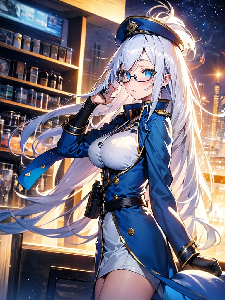 masterpiece, best quality, beautiful girl, white hair with blue inner color, emerald eyes, dark blue military uniform, mature_female, eye_glasses, white gloves, anime, dark blue military hat, very_long_hair, perfect body, red ribbon, commander, science_fiction, black knee-high boots, white pencil skirt , cowboy_shot, best quality, large_breasts, ultra-detailed, high quality, modern military uniform, sci-fi, royal blue Trench Coat, one girl