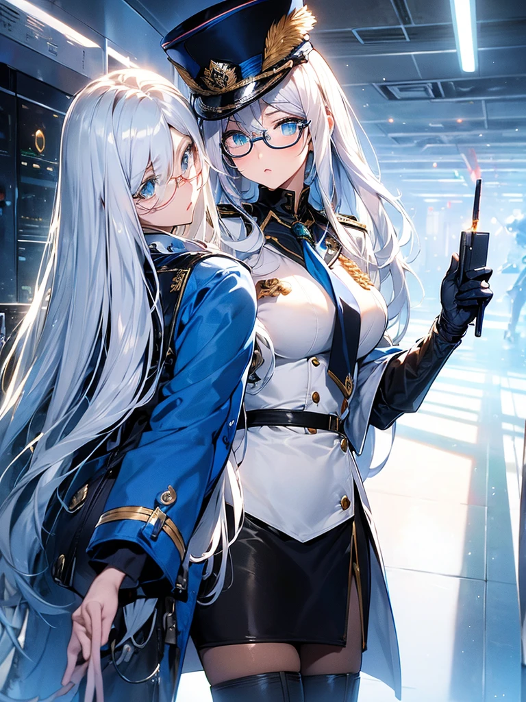 masterpiece, best quality, beautiful girl, white hair with blue inner color, emerald eyes, dark blue military uniform, mature_female, eye_glasses, white gloves, anime, dark blue military hat, very_long_hair, perfect body, red ribbon, commander, science_fiction, black knee-high boots, white pencil skirt , cowboy_shot, best quality, large_breasts, ultra-detailed, high quality, modern military uniform, sci-fi, royal blue Trench Coat, one girl 