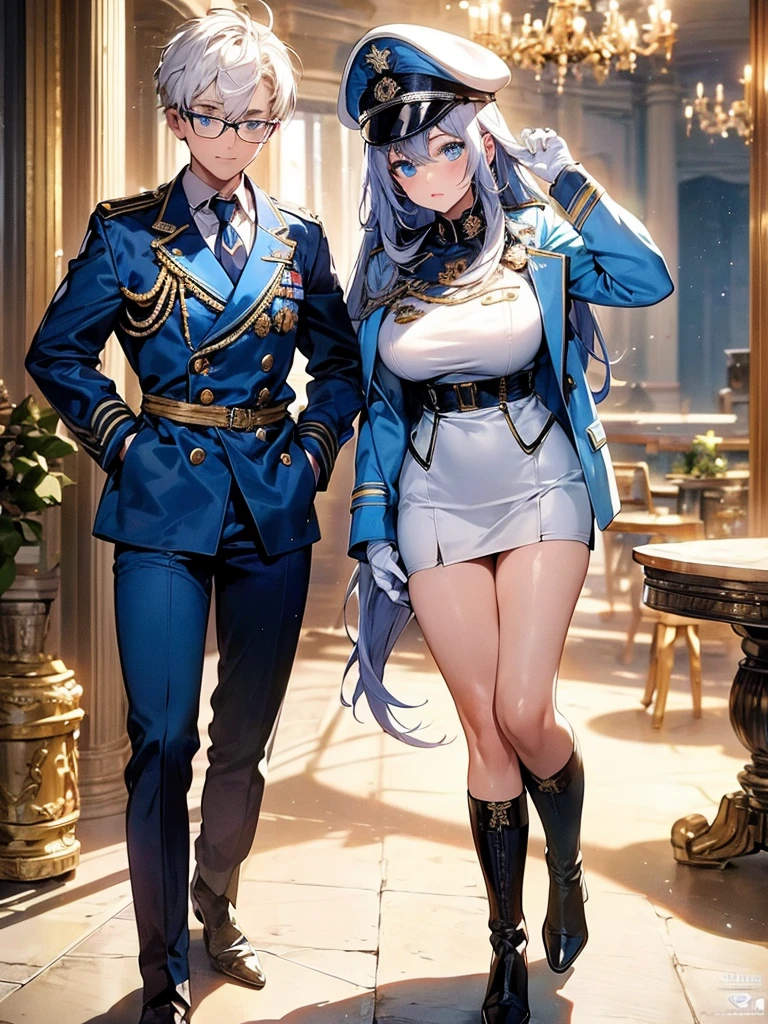 masterpiece, best quality, beautiful girl, white hair with blue inner color, emerald eyes, dark blue military uniform, mature_female, eye_glasses, white gloves, anime, dark blue military hat, very_long_hair, perfect body, red ribbon, commander, science_fiction, black knee-high boots, white pencil skirt , cowboy_shot, best quality, large_breasts, ultra-detailed, high quality, modern military uniform, sci-fi, royal blue Trench Coat, one girl 