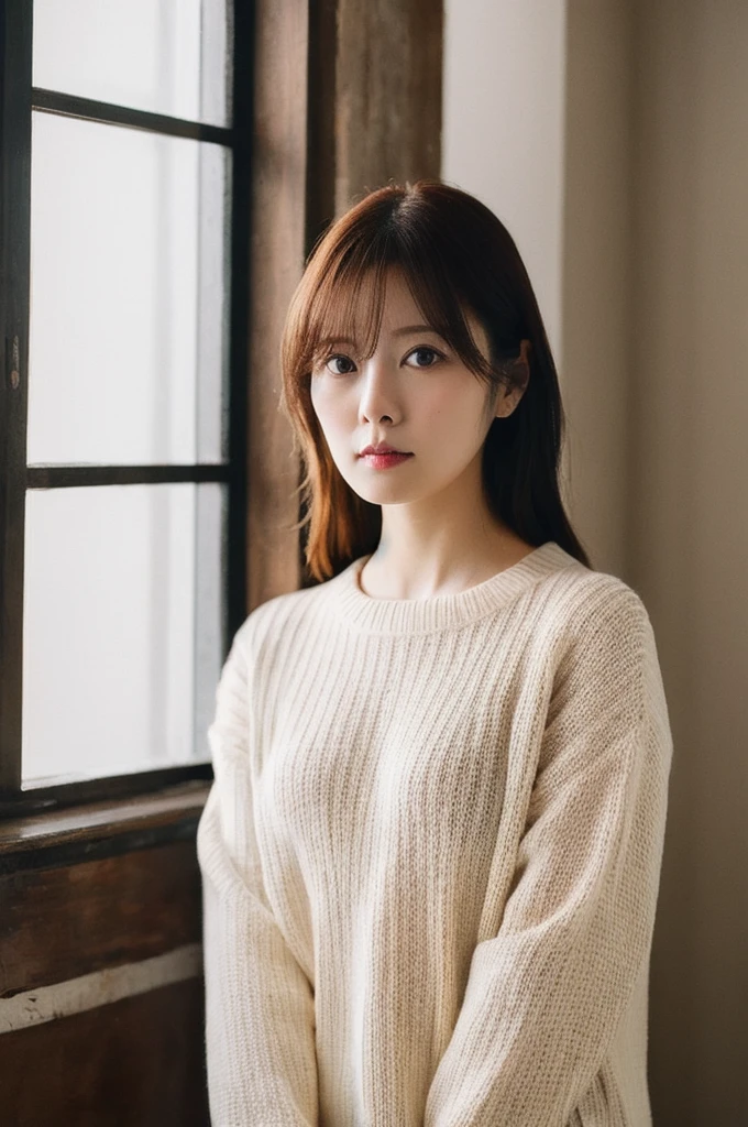 One girl, alone, masterpiece, View your viewers, Simple Background, White Background, ,Cowboy Shot,Virgin-killing sweater,Maiyan,