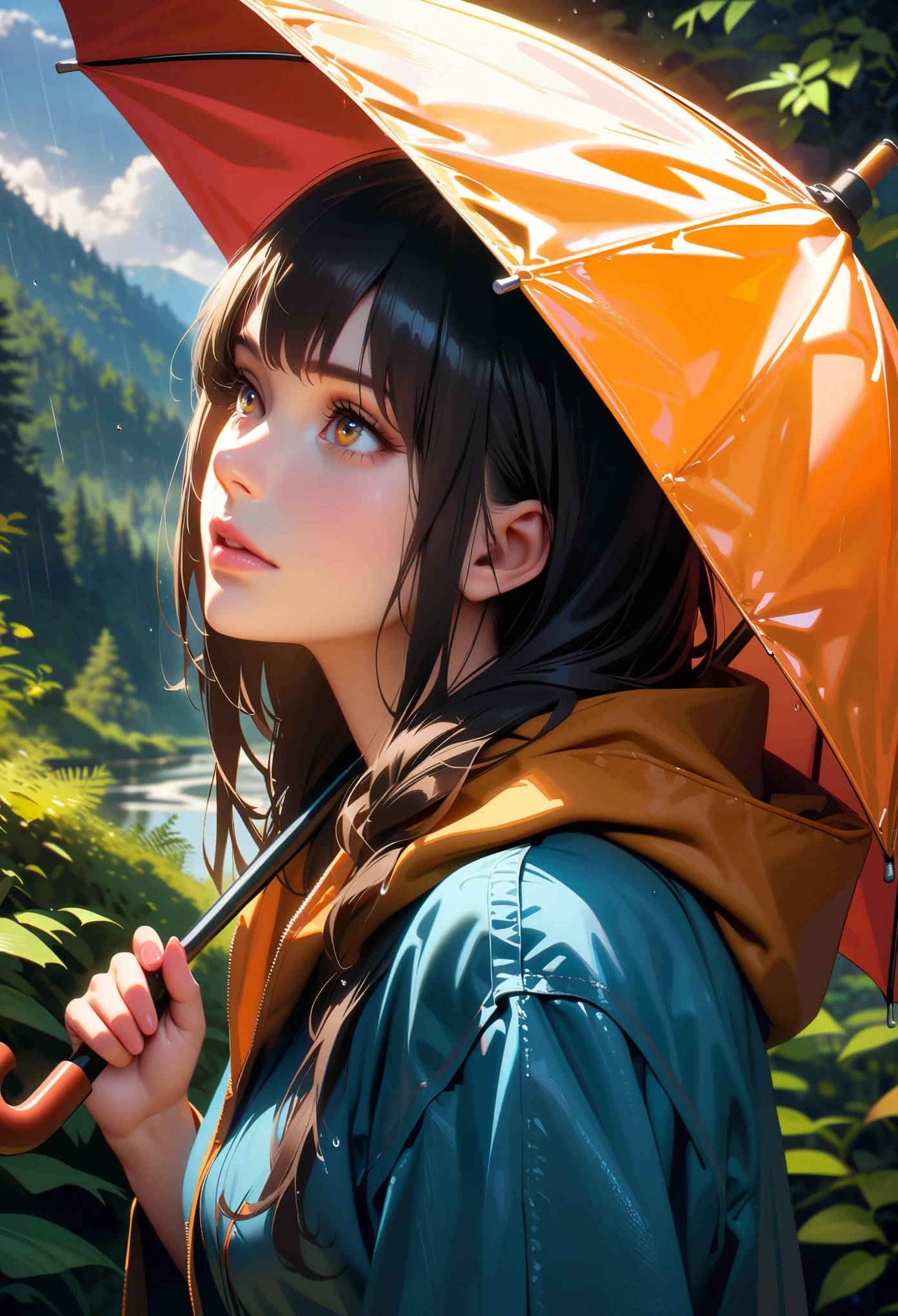 Masterpiece, Best Quality, Super Detailed, High Definition, HDR, Realistic, Depth, Fine Texture, Super Fine, Complete concentration, a beautiful girl in raincoat, holding an umbrella, beautiful detailed eyes, beautiful detailed lips, extremely detailed eyes and face, long eyelashes, scenic landscape, forest, beautiful sky, few clouds, raining, vibrant colors, dramatic lighting, highly detailed, serene, tranquil, picturesque, stunning, breathtaking