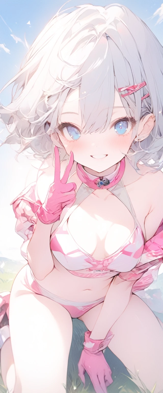 beautiful, masterpiece, Highest quality, anime, One girl, C Cup,Portrait Shot, View your viewers, Covered、Short Hair、nearby、Blue Eyes、art、、White hair,Blue streaked hair、wallpaper、hairpin、Cute smile、Thighs、 blue sky、pink_Leather Race Queen、pink_Leather Gloves、Kneeling、grass、navel、peace sign