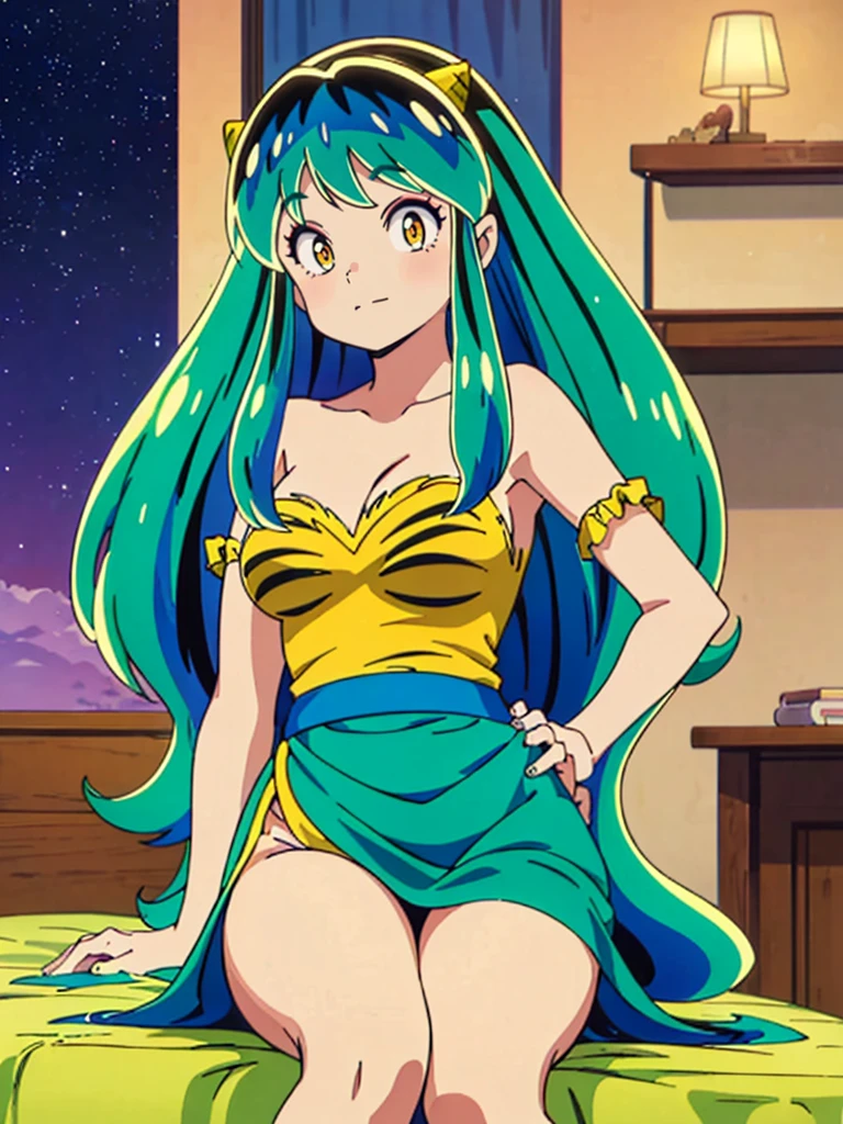 masterpiece, Highest quality, 1 Girl, Lum, Lum_比基尼, anime, Charm, 18-year-old, sexy, blush, Stand with your feet apart, High definition, From before, Japan, Green Hair, smile, 1980年代animeスタイル