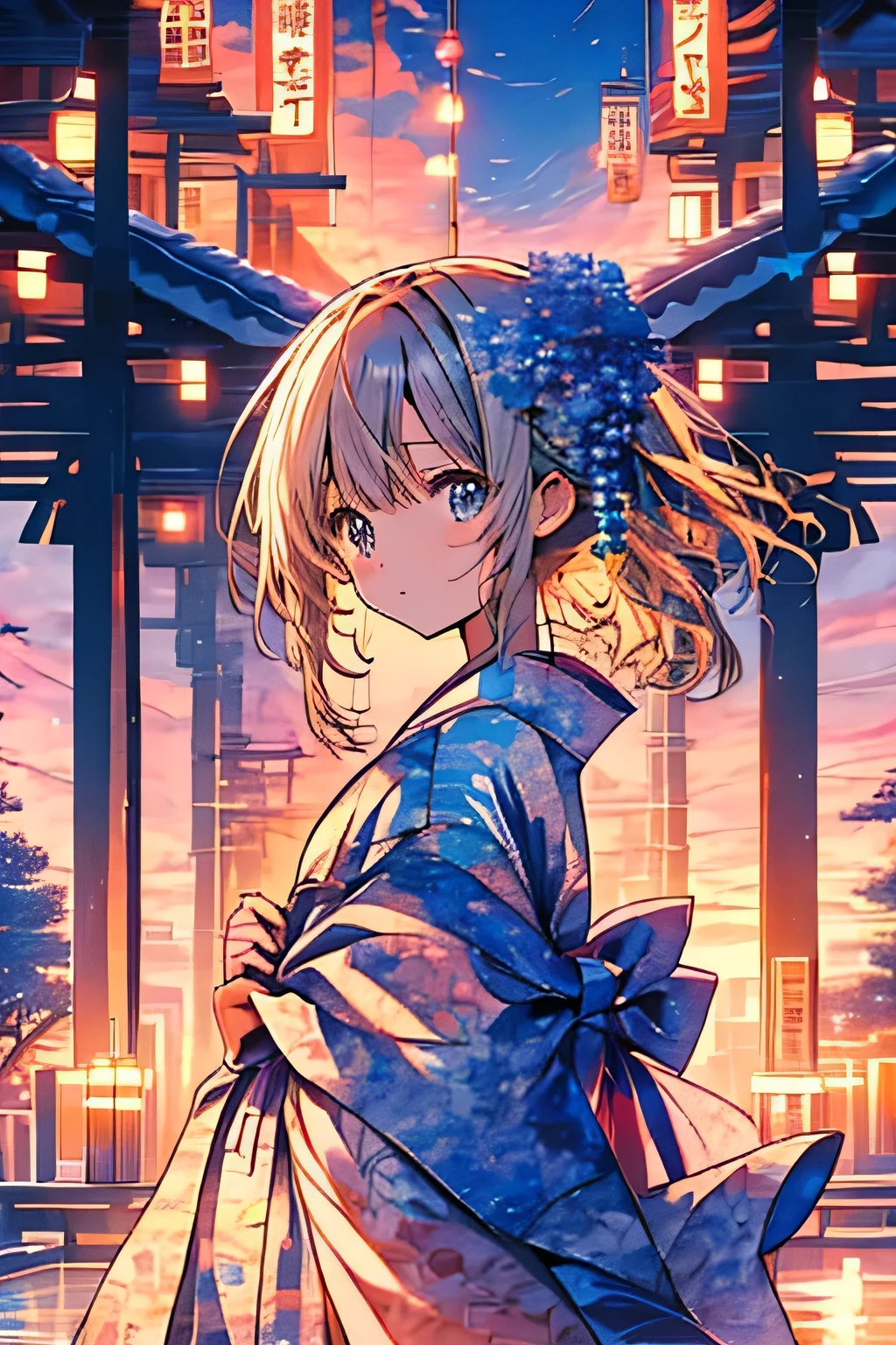 summer祭り、summer、evening、Beautiful sunset、yukata、shrine、Masterpiece、Anime Coloring、Ultra fine、8K、