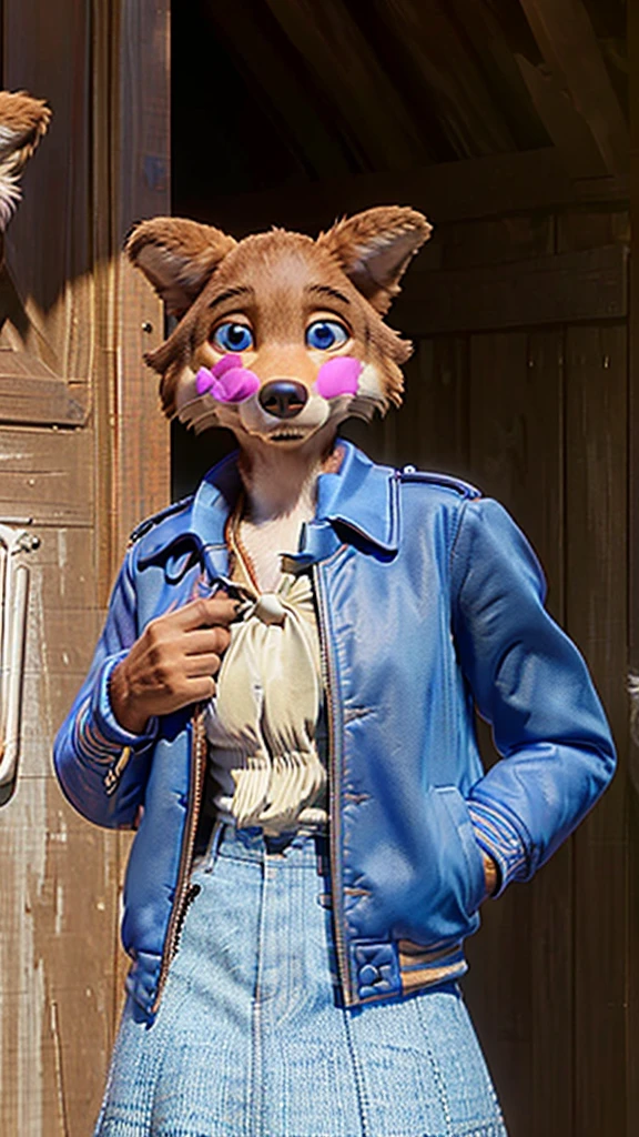 Photo-Realistic, masterpiece, detailed fur, shocked, looking at viewer, (detailed pixar eyes:1.2), detailed eyes, female, anthro, ((Don Karnage, Wolf, Tan Fur, Beige Muzzle, Blue buttoned captain's jacket with popped collar)), BREAK detailed fur, realistic fur, neat limbs, glistering fur, detailed fingers, detailed snout, detailed eyes, masterpiece, detailed lighting, detailed shadows, realistic lighting, realistic shadows, warm soft light, subsurface scattering, light rays