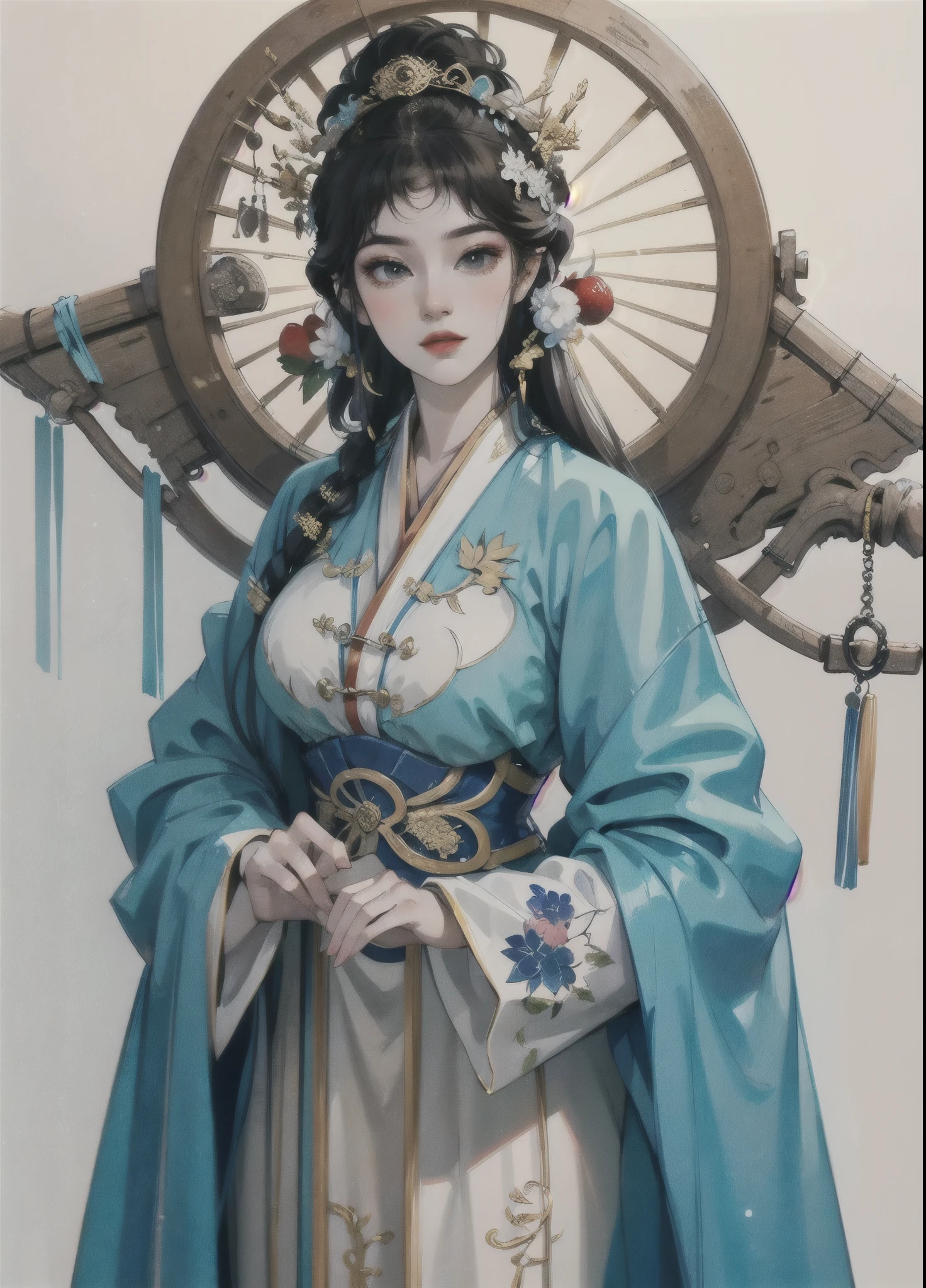one-girl, Ancient Chinese clothing,Wolfberry-like hairpin, Side face, rays of sunshine, Clear face, Clean white background, tmasterpiece, super detailing, Epic composition, hyper HD, high qulity, extremely detaile, offcial art, Uniform 8k wallpaper, super detailing, 32k