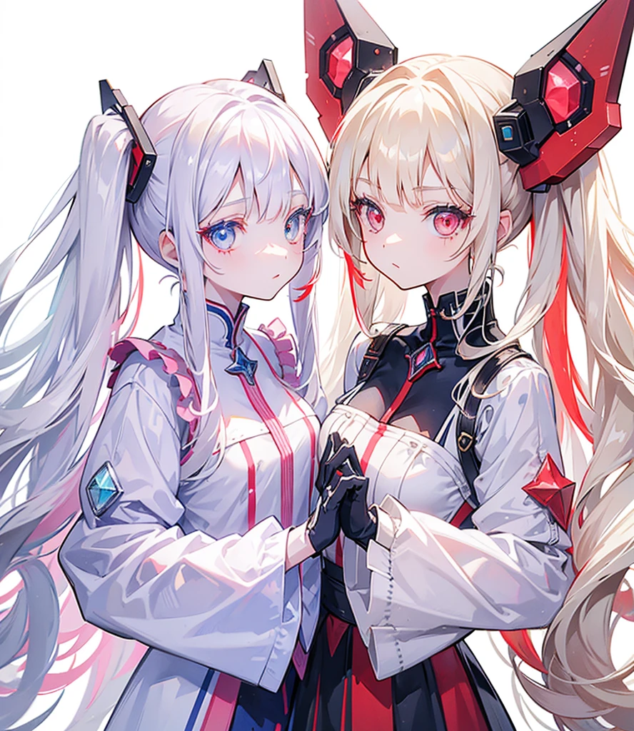 Two girls, one with beige hair and very red eyes, the other with white hair and blue eyes, twin tails, long hair, white background, colorful gemstones, light, high quality, mecha musume, Colorful portraits