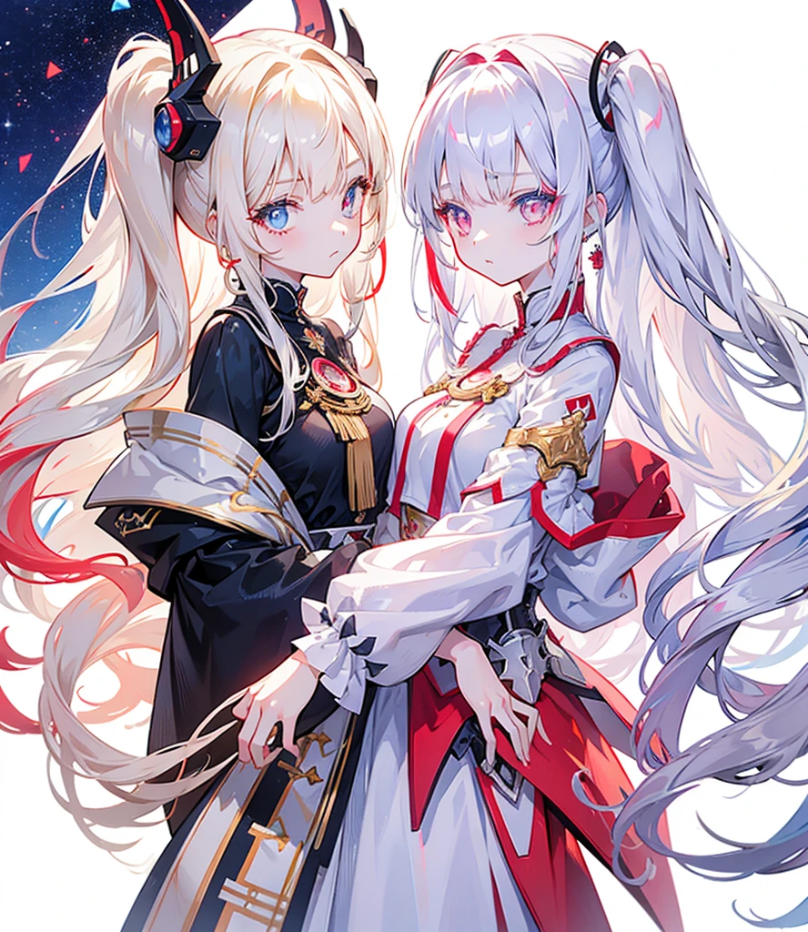 Two girls, one with beige hair and very red eyes, the other with white hair and blue eyes, twin tails, long hair, white background, colorful gemstones, light, high quality, mecha musume, Colorful portraits