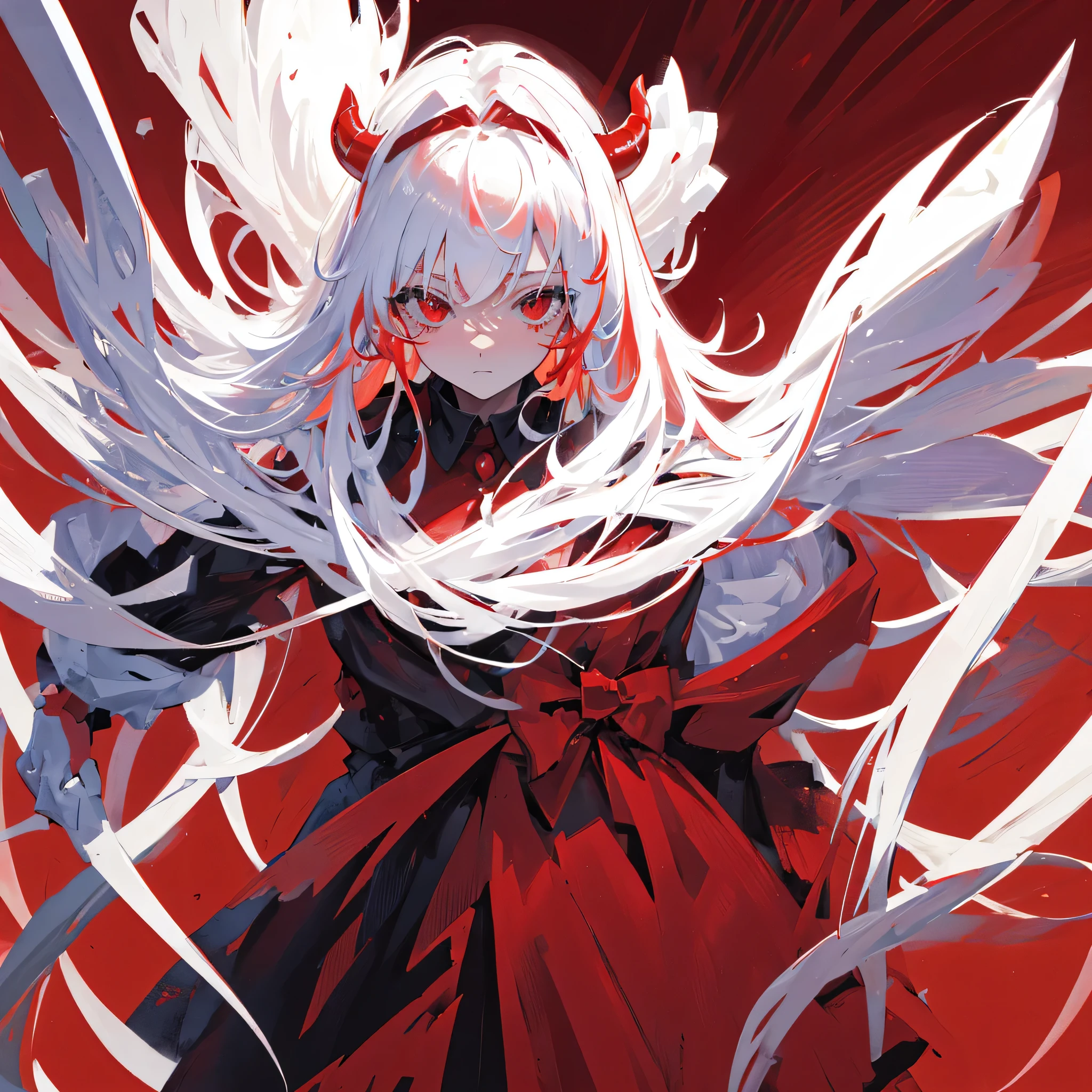 A humanoid devil,The head has red horns,Exposure,White and red long hair,woman,((Pure red background))