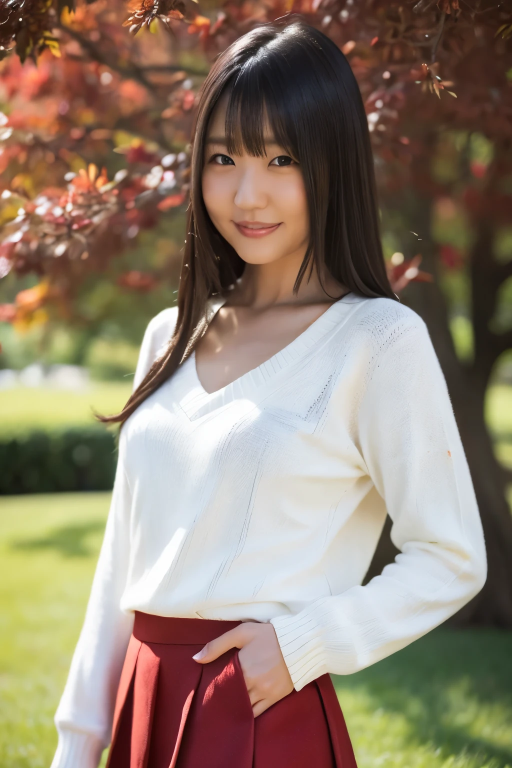 (Highest quality、Tabletop、Best image quality、8K、Award-winning works)、 pretty girl、(Elegant white V-neck knit sweater:1.3)、(An elegant skirt made of red Melton fabric:1.3)、Perfect girl portrait photo、Glowing Skin、Standing Elegantly、(Strongly blurred grass park background:1.1)、Glowing White Skin、Very white skin、smile、(Small cleavage:1.1)、Upper body photo、standing elegantly、(Side view:1.1)、profile