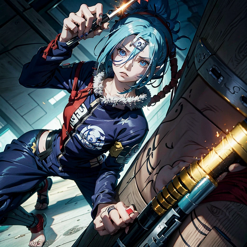 Create a nail character with blue hair red eyes from Naruto