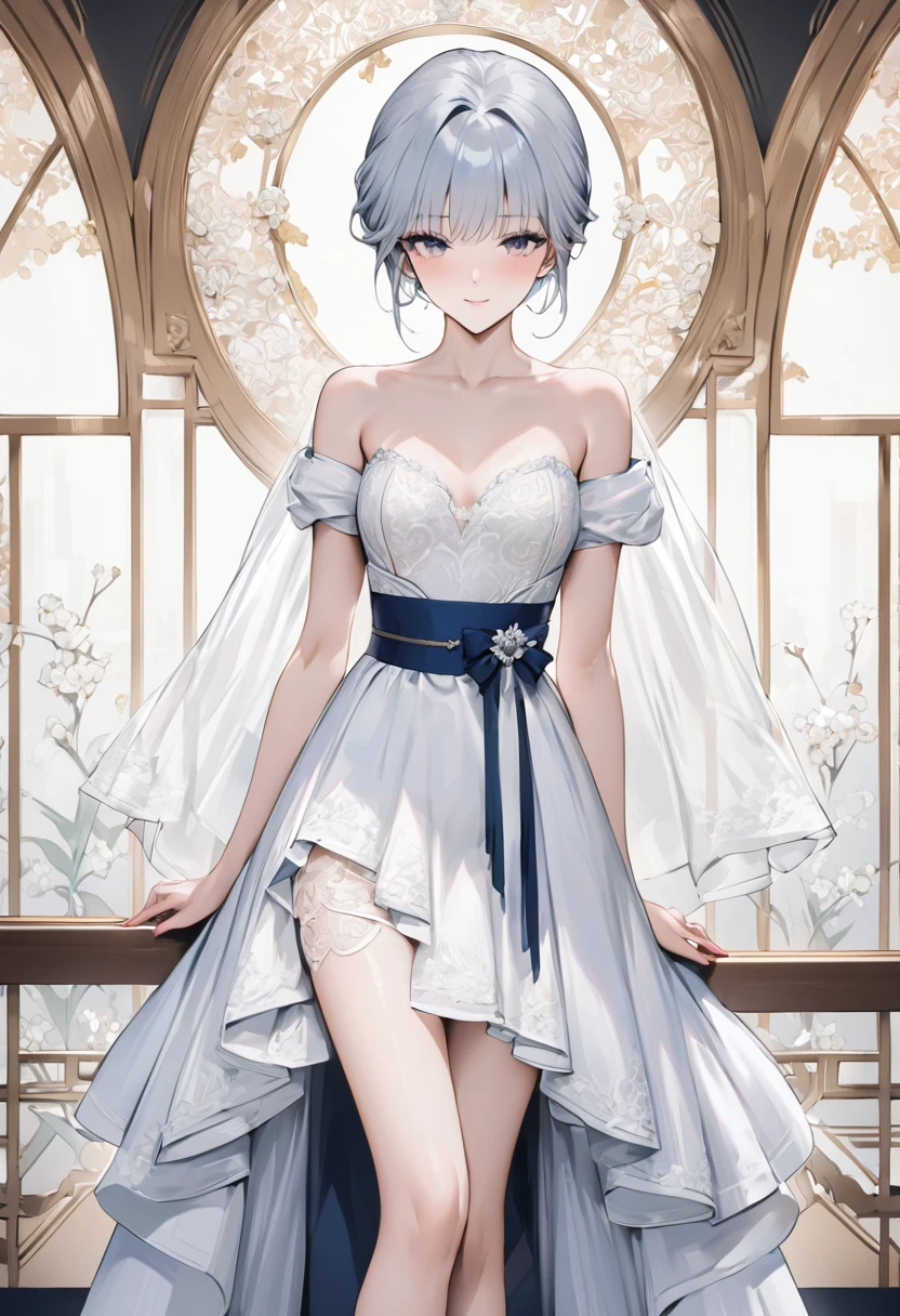 ((Top quality, masterpiece, freak, super resolution)), 1 girl, Japanese model,16 years old,Short bomb hair,An elegant high-low wedding gown with a strapless sweetheart neckline, featuring a fitted bodice embellished with detailed lace appliqués and subtle beadwork. The bodice is adorned with floral patterns, providing a delicate and romantic look. The skirt is crafted from layers of tulle in a high-low design, which adds volume and movement to the dress. The front of the skirt is designed to show off the bride's legs, while the back extends into a beautiful train. A ribbon sash at the waist highlights the bride's silhouette, making this dress ideal for a bride who desires a mix of traditional elegance and modern flair.