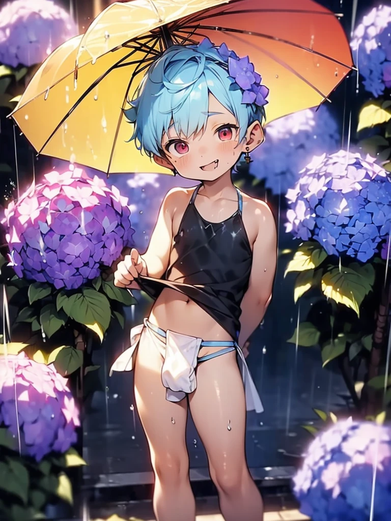 ((solo)), (boldline:-1.6), (holding yellow umbrella:1.5), (arched back:1.3), ((bubble)), (standing:1.5), (((fang))), (((best finger))), BREAK (best quality:1.5), (absolutely resolution:1.5), (ultra detailed:1.5), (masterpiece:1.5), (perfect face), (detailed face), (detailed eyes:1.5), (best eyes:1.5), (cute face), (shota:2), BREAK (black tank top:1.5), BREAK (white loincloth:1.5), (see throgh wet clothes:1.3), (bulge:1.6), (skinny:1.3), BREAK (light blue hair:1.5), (spiked hair), BREAK (wine red eyes:1.4), (eyes with highlight:1.6), ((mole under eye)), (sweaty skin), (chuckling:1.5), ((earrings)), (shiny skin:1.3), BREAK (purple hydrangea:1.5), (road), (rainbow:1.3), (sunlight), (heavy rain:1.5), ((wind blowing)), ((nipple)), (abs), groin, water splashing, from below,