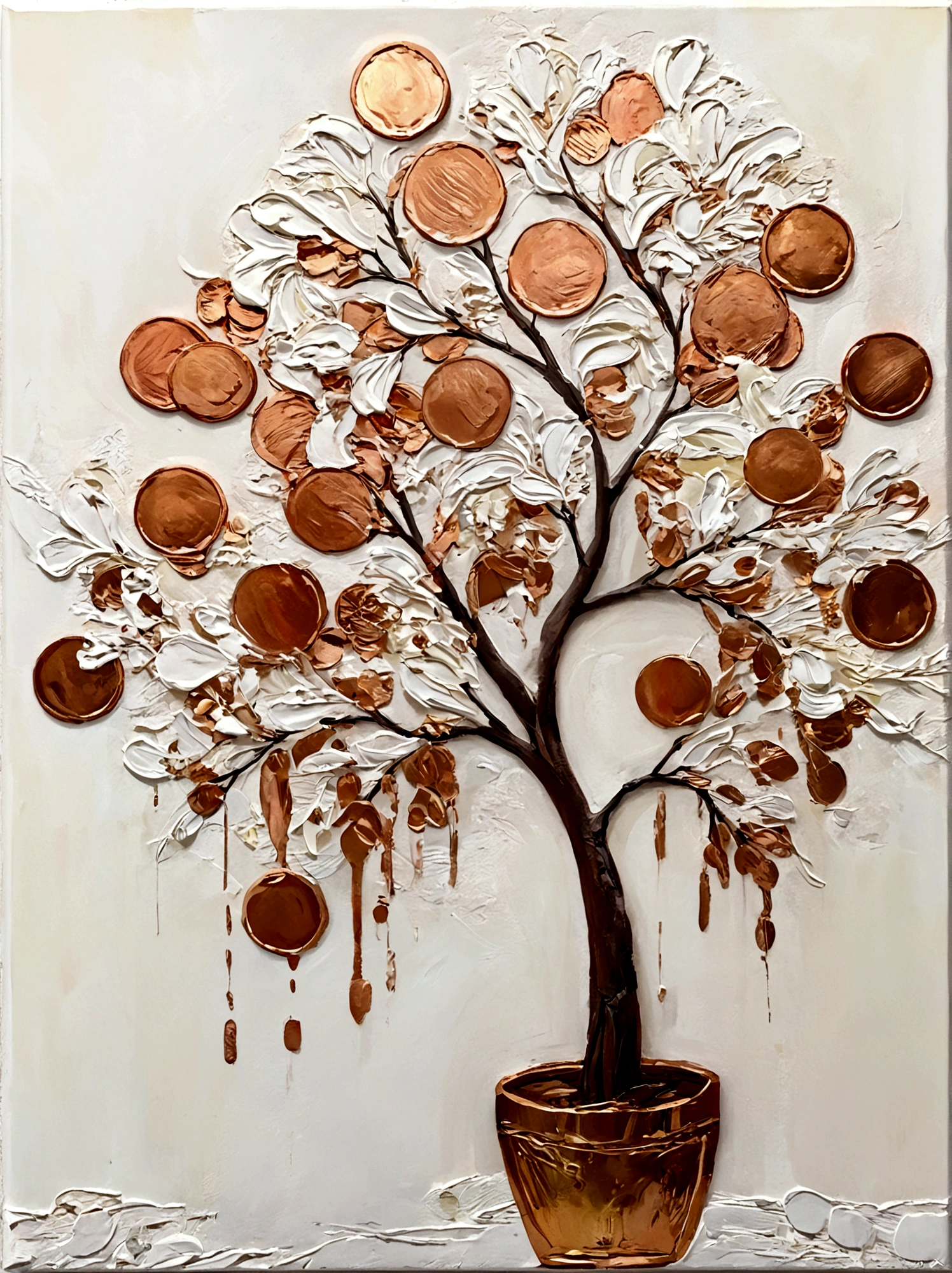 Gilded，Copper Coins，小小的Copper Coins，money tree，vanilla，bright，White background，vanilla，cream，whiskey，Abstract Art，emotion，emotion，Thick textured paint, 