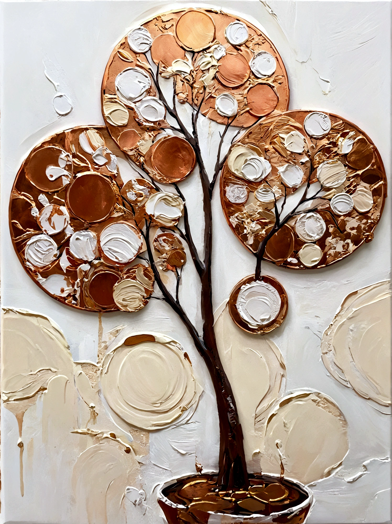 Gilded，Copper Coins，小小的Copper Coins，money tree，vanilla，bright，White background，vanilla，cream，whiskey，Abstract Art，emotion，emotion，Thick textured paint, 