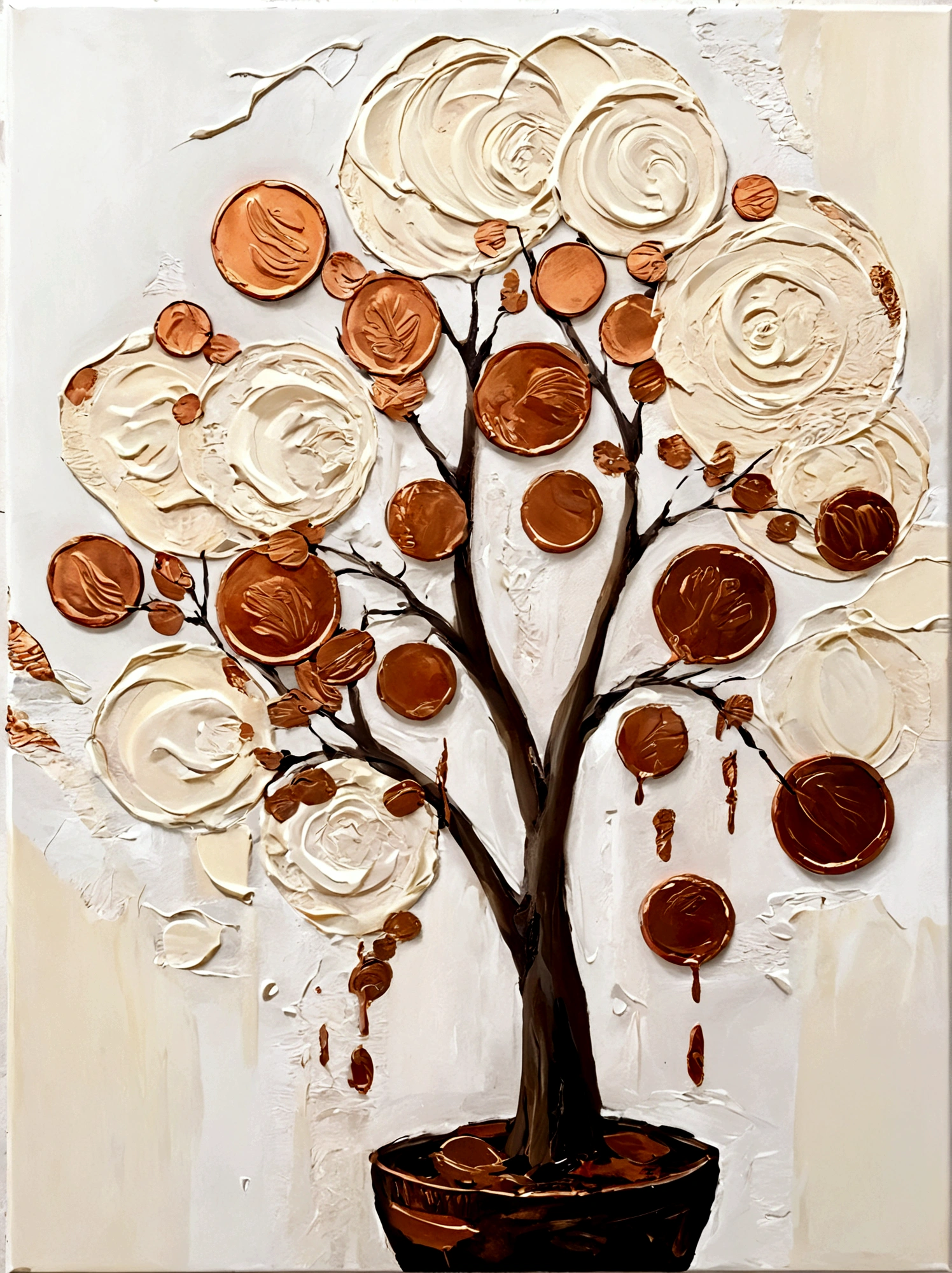 Gilded，Copper Coins，小小的Copper Coins，money tree，vanilla，bright，White background，vanilla，cream，whiskey，Abstract Art，emotion，emotion，Thick textured paint, 