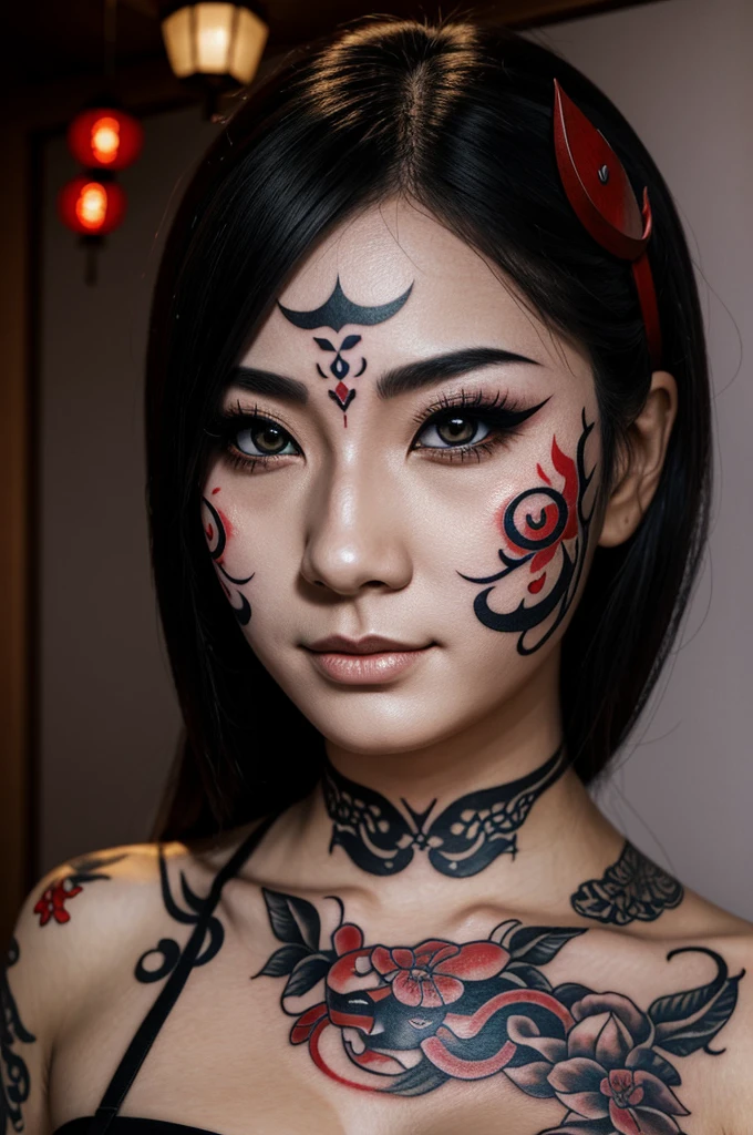 Woman with bright eyes and Japanese hannya mask half mask half face realistic design with lots of detail marked lights and shadows for realistic tattoo