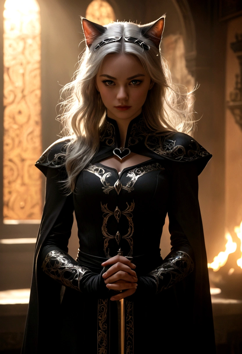 Black Cat Superhero, skills elements and images on slides, 85mm, F1.8, portrait, realistic photo, Hyper realistic, praying, super detailed, intricate, dramatic, sunset lighting, darkness, High dynamic range, Ornate engravings. The blade is beautifully polished and the hilt and guard are intricately detailed, depicting intricate designs and fletches. The room is filled with the warm glow of the fire, throwing a warm, Magical shine on the scene. wide opening, soft lighting, deep depth of field