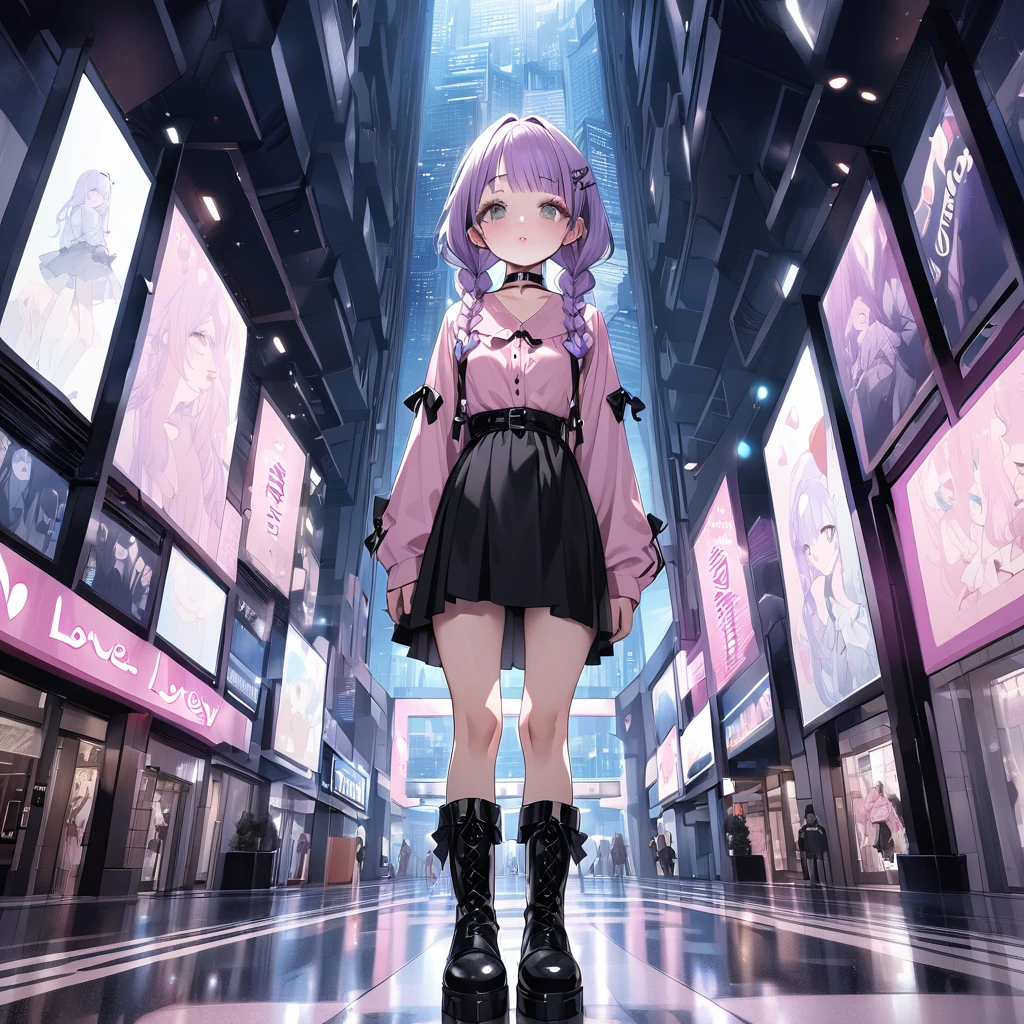 masterpiece, ultra detailed, 8K, solid blue Skyscrapers background, full body shot, Angle looking up from below.happy, a girl, kawaii, light atmosphere, mysterious atmosphere, (Cute a girl:1.5), (a girl with closs hair pin,pale purple hair,wavy two braids,bluntbangs hair,green and black eyes,
pink shirt,cosplay, jirai kei, bangs, black skirt, black bow, looking at viewer, bow, long sleeves, choker, ribbon,pink lips,Thick-soled boots,fullbody shot :1.4),pussy focus,Masturbation Female with her hand,nsfw,
(masterpiece:1.3), anime visual, (Lovey-dovey:1.5), (tilt head:1.3), extremely delicate face, soft clean focus, realistic lighting and shading, (an extremely delicate and beautiful art:1.3), elegant, (muted colors:1.1), small breast,slim,Sitting on a carry-on bag in Shinjuku Tower Kids,n mall,night lit,