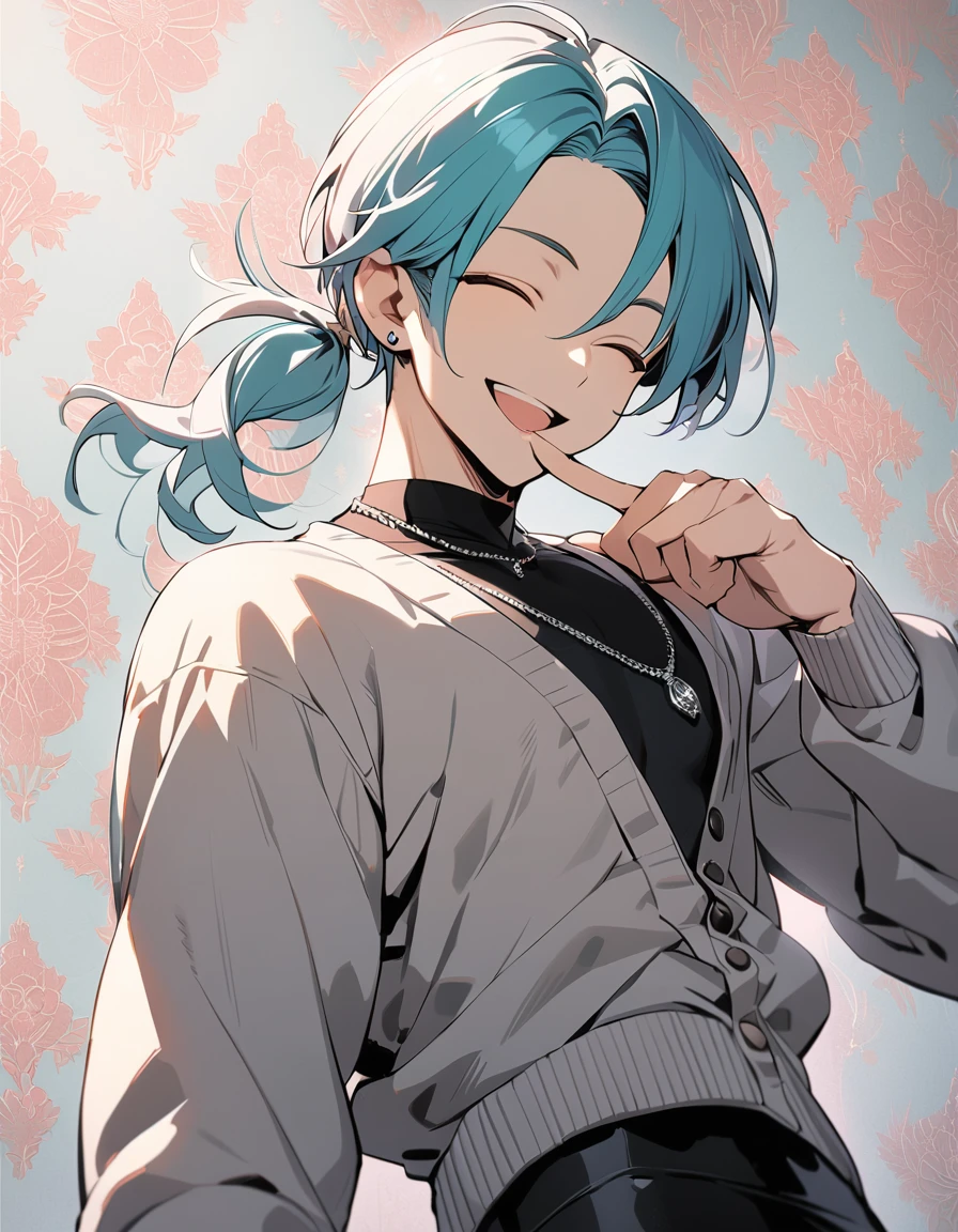 ((((best masterpiece, best quality, wallpaper,)))) solo, guy, male body, small muscles, flat chest, 1male, 30 years old, handsome man, dramatic angle, upper body, looking at viewers, beautiful detailed, finger to mouth, mediumturquoise hair, ((((Lower short ponytail)))), asymmetrical bangs, ((short hair,)) smirk, ((( closed eyes, ^o^, tareme, droopy eyes,))) perfect face, extremely closed eyes, perfect hands, sharp nose, clear face, black turtleneck, grey cardigan, ((silver piercing, simple silver necklace,)) leggings, pink background color ultrasharp, 8K, masterpiece,