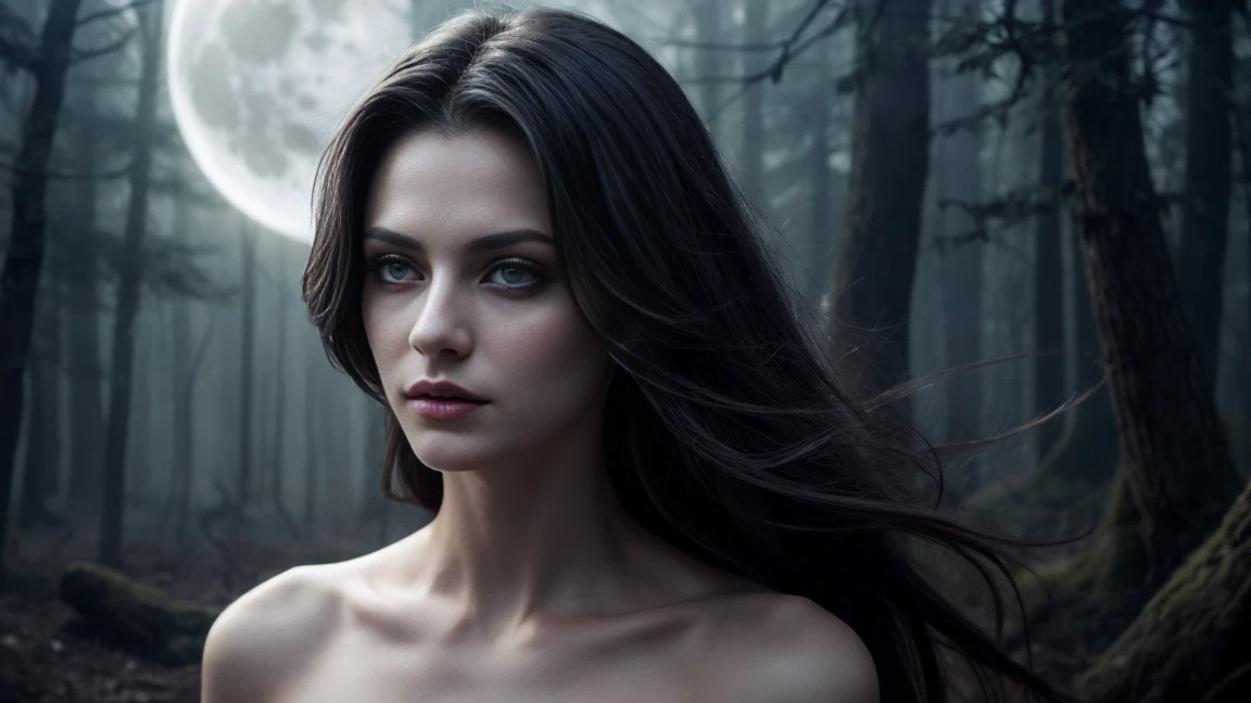 Create the image of a handsome vampire, Forest Environment with Full Moon, Some Creatures in the Mist behind, to That That Just Woke Up from a Deep Sleep,The other is a noble and elegant girl,Beautiful alluring colorless eyes, A vampire with a refined and elegant appearance,They have a lot of time, Loose hair and angular features,Their skin should be pale and flawless,With a touch of potus That transcendental beauty, A vampire's eyes should be deep and seductive,With a predatory glow,An allusion to their insatiable bloodlust,(They have to wear erotic clothes, That's modern and timeless),His style refers to the long history of human life,When they wake up from a deep sleep,Vampires Should Exercise Calm Confidence,Exudes an aura of danger and intrigue,The background should be shrouded in shadow,Just a hint of moonlight broke through the darkness,In the hands of vampires,There should be a small vial of blood,Based on their latest victims,Vampires should be content and a little worried about their hunger,How would that they know about the danger, That, What is presented to others,gothic art style,Ultra-realistic realism,Psychedelic surrealist art,Surreal psychedelic design,Dreaming style, psychedelic art,Quality Quantity, skin texture, intricate details, (cinemathatgraphic lighting), RAW фоThat, 8K,