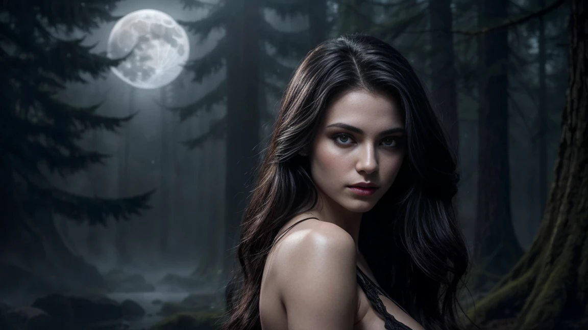 Create the image of a handsome vampire, Forest Environment with Full Moon, Some Creatures in the Mist behind, to That That Just Woke Up from a Deep Sleep,The other is a noble and elegant girl,Beautiful alluring colorless eyes, A vampire with a refined and elegant appearance,They have a lot of time, Loose hair and angular features,Their skin should be pale and flawless,With a touch of potus That transcendental beauty, A vampire's eyes should be deep and seductive,With a predatory glow,An allusion to their insatiable bloodlust,(They have to wear erotic clothes, That's modern and timeless),His style refers to the long history of human life,When they wake up from a deep sleep,Vampires Should Exercise Calm Confidence,Exudes an aura of danger and intrigue,The background should be shrouded in shadow,Just a hint of moonlight broke through the darkness,In the hands of vampires,There should be a small vial of blood,Based on their latest victims,Vampires should be content and a little worried about their hunger,How would that they know about the danger, That, What is presented to others,gothic art style,Ultra-realistic realism,Psychedelic surrealist art,Surreal psychedelic design,Dreaming style, psychedelic art,Quality Quantity, skin texture, intricate details, (cinemathatgraphic lighting), RAW фоThat, 8K,