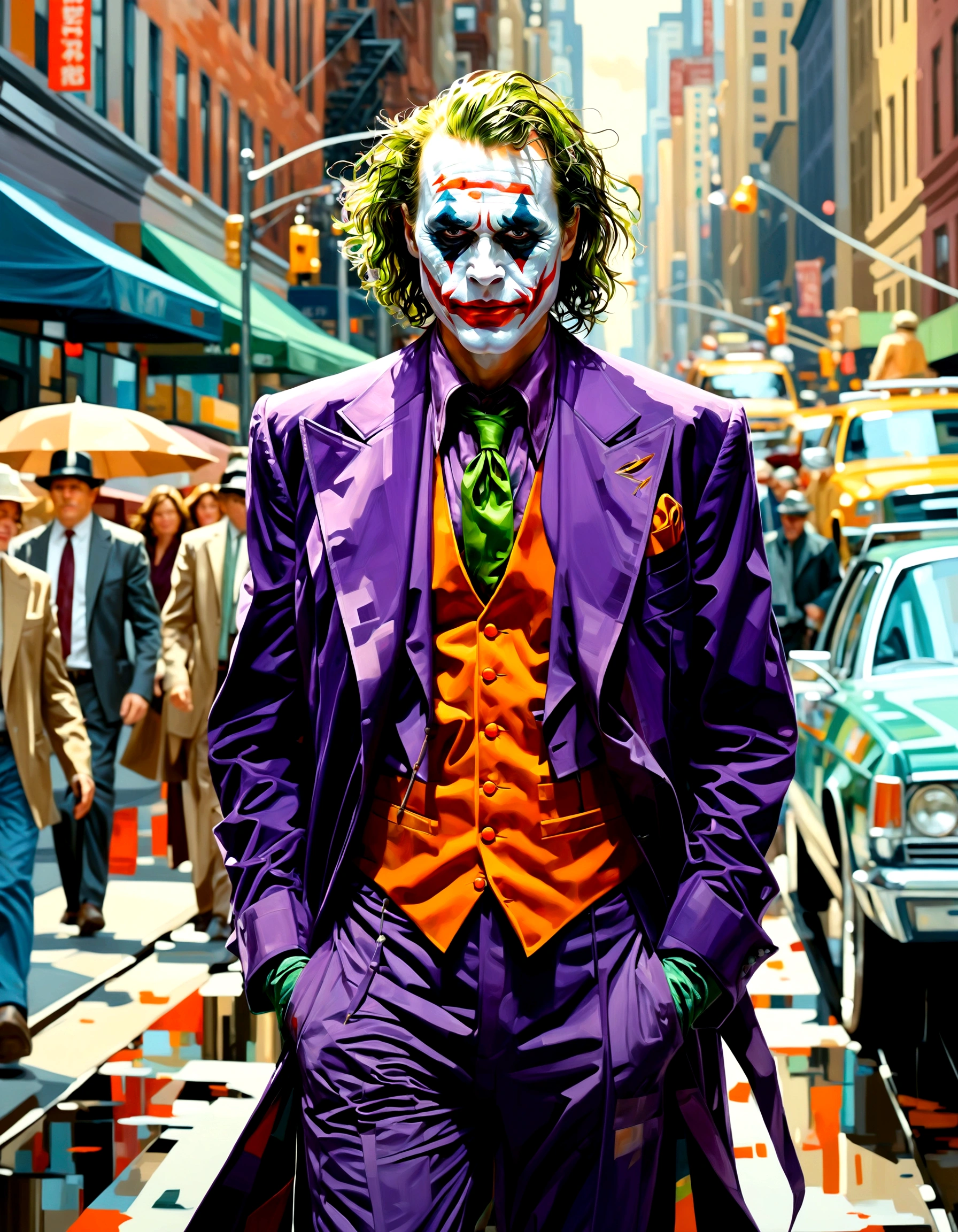 the joker walking through streets of new york, painting by Josef e, anatomically correct, 4K, super detail, best quality