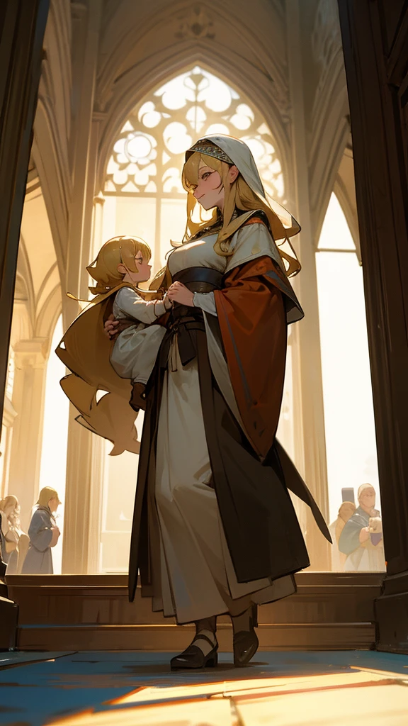 Blonde woman carrying her 2 year old daughter, in the background of a medieval villa