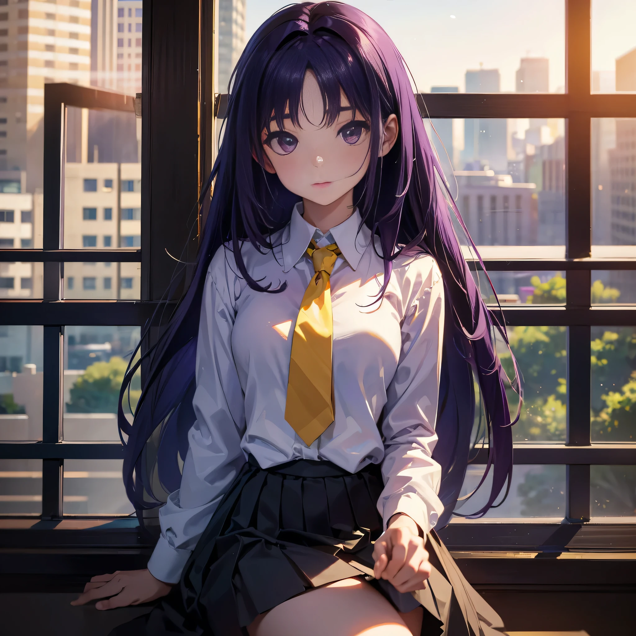 Best picture quality, 8K, high quality, masterpiece:1.2), ((masterpiece)), (great detail, high quality, best picture quality), bokeh, DOF, Portrait, open stance, purple hair long hair, in black, round face, in white shirt with a yellow tie, black plead skirt, lie down on the balcony