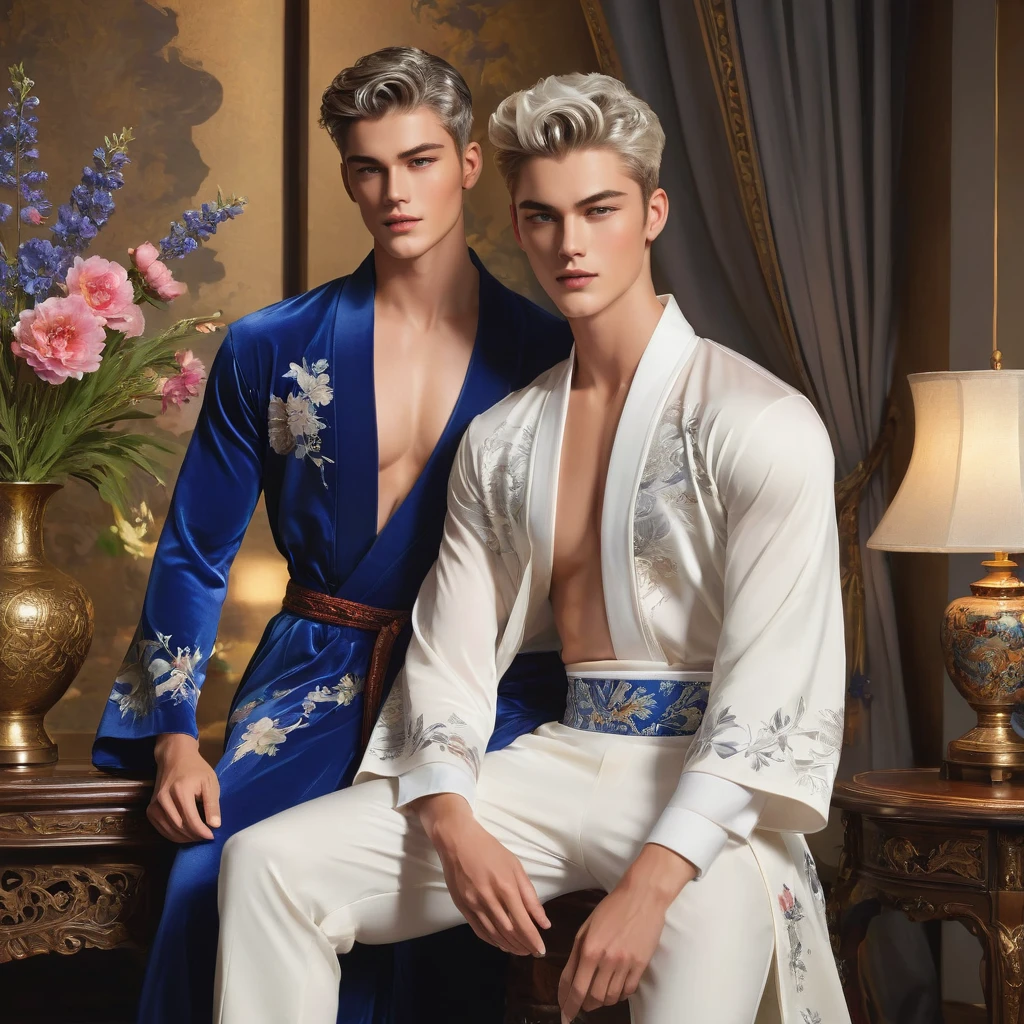 In this breathtaking artwork, miniature doll-sized male models, inspired by the iconic supermodels Sean O’Pry and Lucky Blue Smith, take center stage in a vibrant scene reminiscent of a Ken doll fantasy. With jointed doll features and porcelain-like skin, these charming figures boast an irresistible blend of sophistication and natural beauty.
Sporting short silver-gray undercut hairstyles, Standing adorned in a white top t-shirt with sweatpants with semi bulge, an embroidery-detailed kimono robe, he exudes sophistication and elegance against the backdrop of a luxury bedroom. The room is adorned with 1915 Oriental theme, surrounded by luxury exotic furniture, velvet drape curtains, and colorful wildflowers, creating a vibrant and enchanting atmosphere.
Captured from a dynamic angle, over shoulder look photo showcases the models amidst the meticulously arranged Employing three-point lighting and incorporating 3D animation shadows, the photographer enhances the models' features, resulting in an image of unparalleled realism and detail.
Photographed with a Fujifilm XT3 by a professional fashion photographer, the artwork boasts high definition and impeccable quality. From the soft, natural light to the intricate details of the surroundings, every element contributes to the overall romantic atmosphere and lively background.
With its dramatic composition and seductive lighting, this masterpiece invites viewers to immerse themselves in a world of charm and sophistication. It celebrates the beauty of the male form while capturing the essence of a fun-filled day, where joy and relaxation abound.