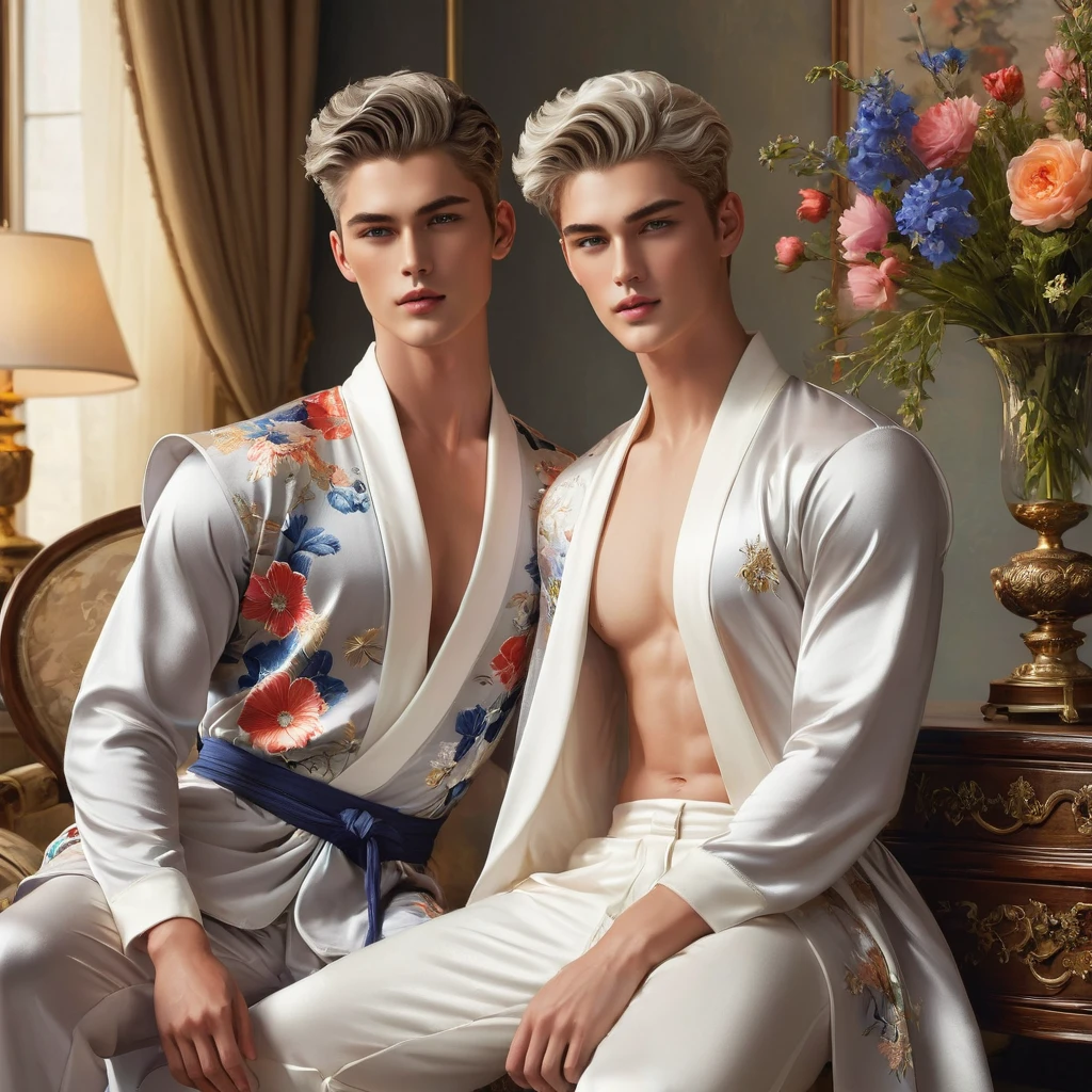 In this breathtaking artwork, miniature doll-sized male models, inspired by the iconic supermodels Sean O’Pry and Lucky Blue Smith, take center stage in a vibrant scene reminiscent of a Ken doll fantasy. With jointed doll features and porcelain-like skin, these charming figures boast an irresistible blend of sophistication and natural beauty.
Sporting short silver-gray undercut hairstyles, Standing adorned in a white top t-shirt with sweatpants with semi bulge, an embroidery-detailed kimono robe, he exudes sophistication and elegance against the backdrop of a luxury bedroom. The room is adorned with 1915 Oriental theme, surrounded by luxury exotic furniture, velvet drape curtains, and colorful wildflowers, creating a vibrant and enchanting atmosphere.
Captured from a dynamic angle, over shoulder look photo showcases the models amidst the meticulously arranged Employing three-point lighting and incorporating 3D animation shadows, the photographer enhances the models' features, resulting in an image of unparalleled realism and detail.
Photographed with a Fujifilm XT3 by a professional fashion photographer, the artwork boasts high definition and impeccable quality. From the soft, natural light to the intricate details of the surroundings, every element contributes to the overall romantic atmosphere and lively background.
With its dramatic composition and seductive lighting, this masterpiece invites viewers to immerse themselves in a world of charm and sophistication. It celebrates the beauty of the male form while capturing the essence of a fun-filled day, where joy and relaxation abound.