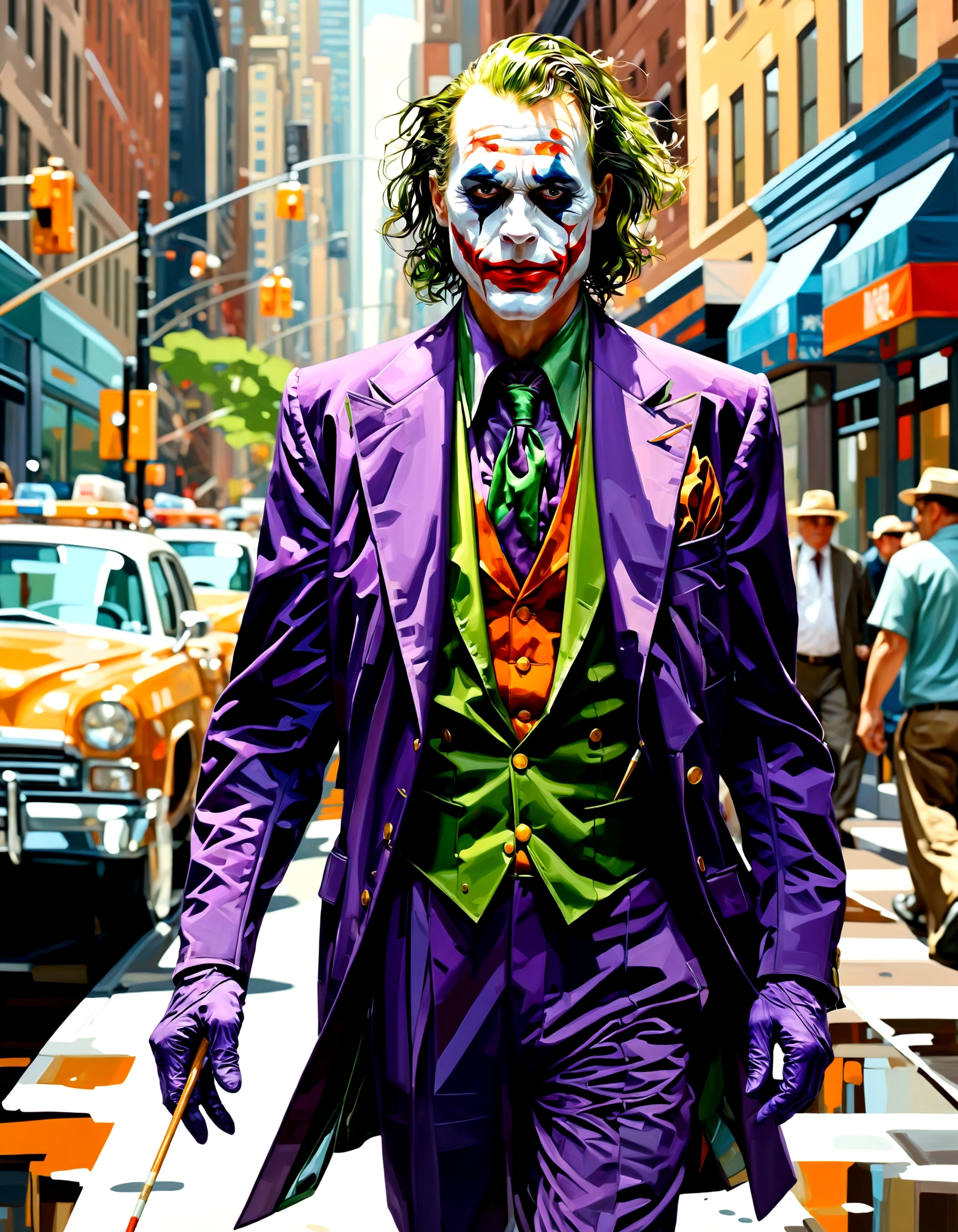 the joker walking through streets of new york, painting by Josef Kote, anatomically correct, 4K, super detail, best quality