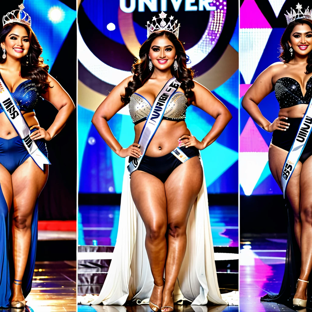 1. Hot curves, bold, plus size (hour glass body figure) indian professional model with a little smile and sharp facial features.
2. Professional miss.universe attire with navel tummy exposed.
3. Keep her face shinning with natural glow and decent professional make-up.
4. Standing in winning pose with 'Miss Universe AI' competition stage as a background.
5. Body figure plus size (hour glass).
6. Fashion Judges and jury honouring model with Sash - Miss Universe AI.
7. And diamond crown on head.