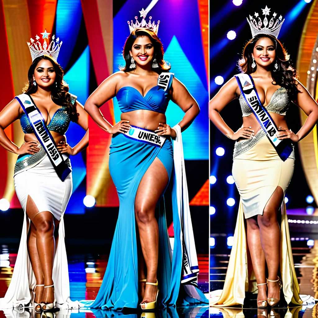 1. Hot curves, bold, plus size (hour glass body figure) indian professional model with a little smile and sharp facial features. 

2. Professional miss.universe attire with navel tummy exposed.  

3. Keep her face shinning with natural glow and decent professional make-up. 

4. Standing in winning pose with 'Miss Universe AI' competition stage as a background.

5. Body figure plus size (hour glass).

6. Fashion Judges and jury honouring model with Sash - Miss Universe AI.

7. And diamond crown on head.
