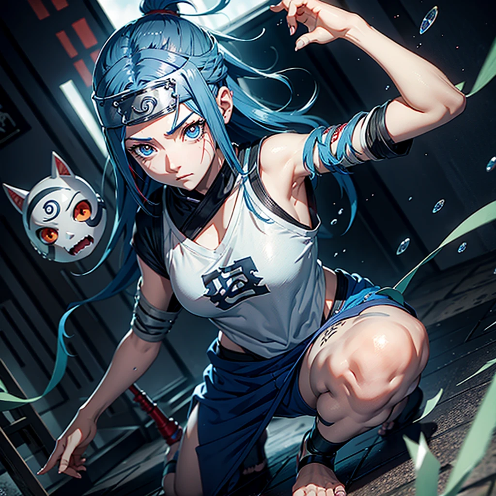 Create a nail character with blue hair red eyes from Naruto