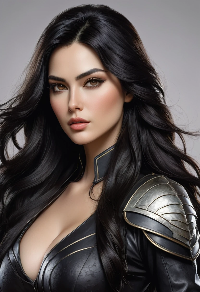 ((best qualityer)), ((work of art)), (detailded), 1 woman with full triangular body type. Your skin is dark, almost brown. long, wavy almost black hair. the nose is thin but square at the tip. the fleshy mouth. The almond-shaped and serious eyes. Wears black soldier clothes.
