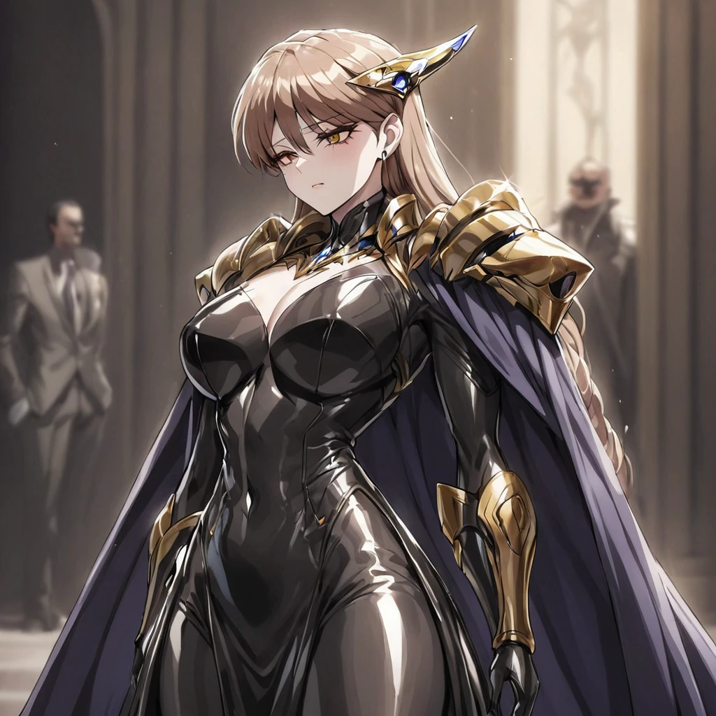 ((Highest quality)), ((masterpiece)), (detailed), （Perfect Face）、The woman is Princess Leona, with medium-long light brown hair, wearing a shiny, flashy, sexy, revealing black dress bodysuit, an open-front skirt, a cape, a headgear, lipstick and makeup, and is an evil female executive who is standing next to a man who is the dignified boss of an evil organization.、Women are brainwashed, expressionless, and have no highlights in their eyes.、The woman is being held close by the powerful boss of an evil organization.、The strong male boss of an evil organization is embracing a woman and loving her.