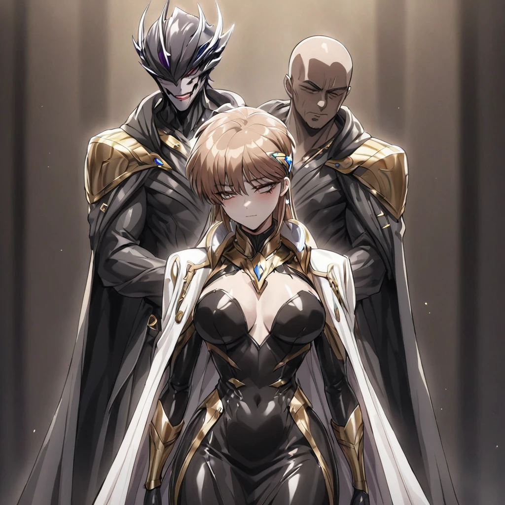 ((Highest quality)), ((masterpiece)), (detailed), （Perfect Face）、The woman is Princess Leona, with medium-long light brown hair, wearing a shiny, flashy, sexy, revealing black dress bodysuit, an open-front skirt, a cape, a headgear, lipstick and makeup, and is an evil female executive who is standing next to a man who is the dignified boss of an evil organization.、Women are brainwashed, expressionless, and have no highlights in their eyes.、The woman is being held close by the powerful boss of an evil organization.、The strong male boss of an evil organization is embracing a woman and loving her.