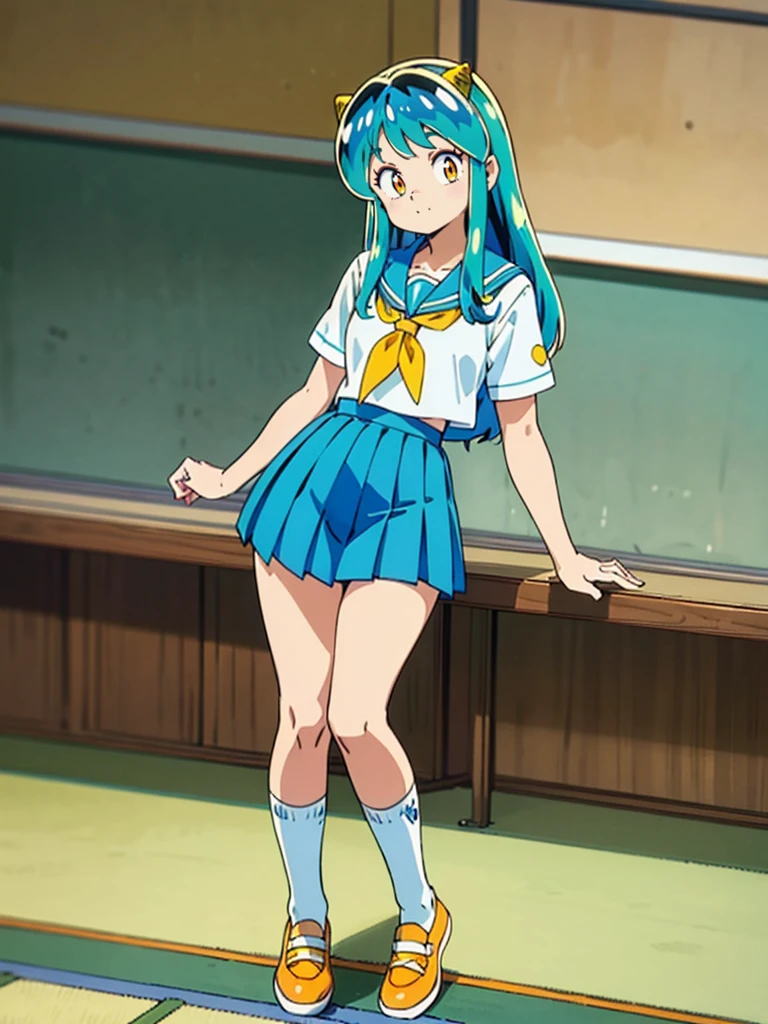masterpiece, Highest quality, 1 Girl, Lum, Sailor suit, Summer clothes, Navy Blue Skirt, uniform, anime, Charm, 18-year-old, sexy, Stand with your feet apart, Japan, High definition, From before, classroom, Green Hair, Cowboy Shot, smile, Yellow neckerchief, 1980年代animeスタイル, White socks, Orange sneakers
