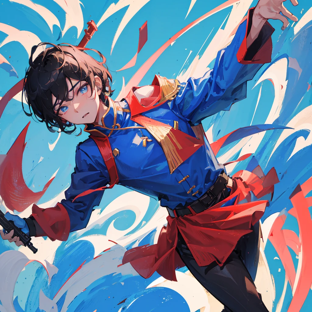 A Chinese soldier,male,Black short hair,Holding a red tasseled gun,Blue clothes,((Pure blue background))