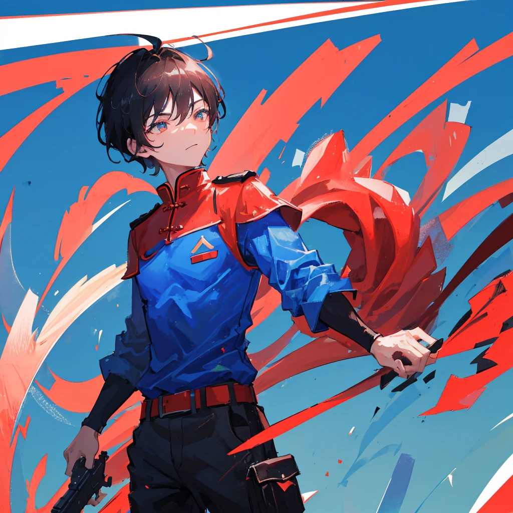 A Chinese soldier,male,Black short hair,Holding a red tasseled gun,Blue clothes,((Pure blue background))