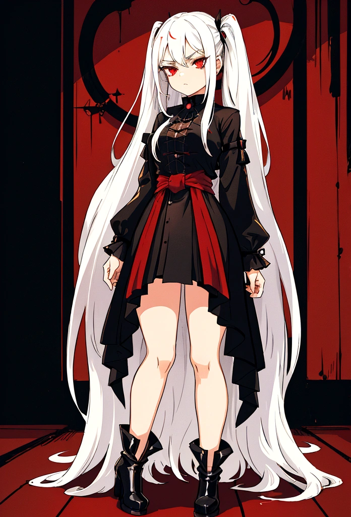 Girl, 20 years old, with long white hair down to below her waist, a serious yet tender expression, and red eyes. Her hair features black streaks. She wears antique-style clothing, a long black dress with a slit on the legs, and high black boots that almost reach her knees. Her power and background are related to shadows and darkness. dark escense, figth stance