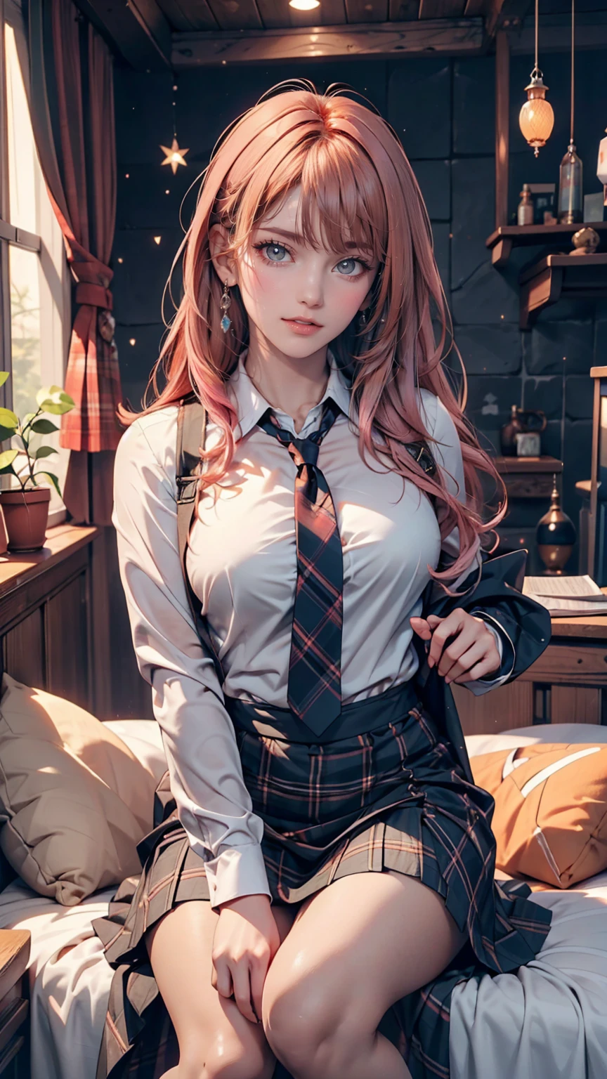 One girl, Hoshino (Blue Archive), alone, Heterochromia iridis, Pink Hair, skirt, Long Hair, tie, Ahoge, shirt, Hello, Plaid skirt, blue eyes, Plaid, View your viewers, white shirt, Sitting, Orange eyes, chest Harness, Harness, Long sleeve, ID card, Open your mouth, very Long Hair, collared shirt, smile, blue tie, bangs, The legs are off the frame, Between the legs, hand Between the legs, blush, Hair between the eyes, High resolution,masterpiece, Highest quality