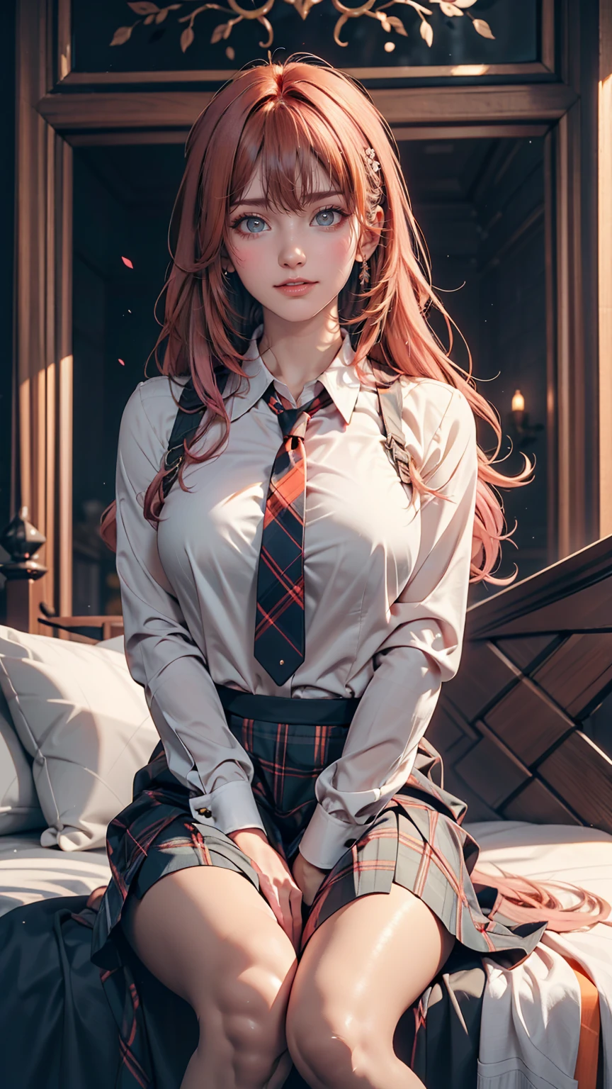 One girl, Hoshino (Blue Archive), alone, Heterochromia iridis, Pink Hair, skirt, Long Hair, tie, Ahoge, shirt, Hello, Plaid skirt, blue eyes, Plaid, View your viewers, white shirt, Sitting, Orange eyes, chest Harness, Harness, Long sleeve, ID card, Open your mouth, very Long Hair, collared shirt, smile, blue tie, bangs, The legs are off the frame, Between the legs, hand Between the legs, blush, Hair between the eyes, High resolution,masterpiece, Highest quality