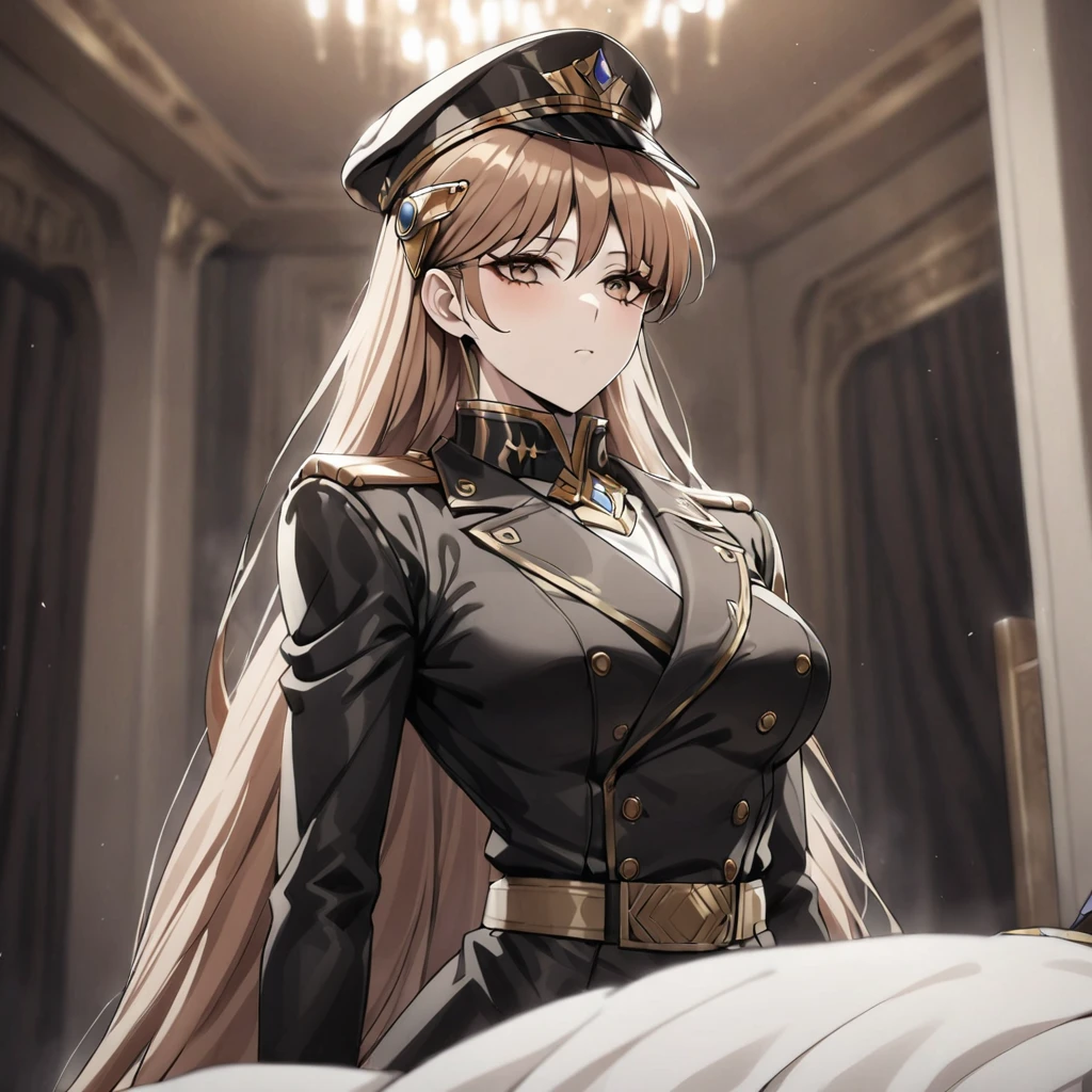 ((Highest quality)), ((masterpiece)), (detailed), （Perfect Face）、The woman is Princess Leona, with medium-long light brown hair, and is wearing a sexy black military uniform and cap for women. In a luxurious room, she is embraced by a strong, dignified, old, male general, who is a villain, and is kissed and loved by him as his mistress.、Women are brainwashed, expressionless, and have no highlights in their eyes.