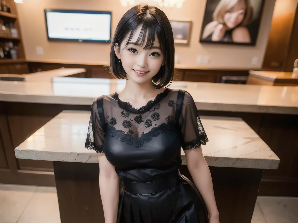 (Highest quality, masterpiece, Ultra-high resolution, 8K, RAW Photos, Realistic, Anatomically correct:1.5)、20-year-old girl:1.2, Embarrassing, blush:1.0, View Viewer, ((bar)) 、Night view、 Light:1.2, Cinema Lighting:1.0, Depth of written boundary, sharp、 Cute face、Idol、Black short sleeve lace top、Black pleated skirt、Black clothing、”dwarf”、(Floral clothes)、Full Body Shot、Cowboy Shot、(( smile))、(Ultra short hair、Straight Hair)、(Straight bangs)、