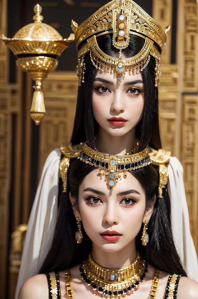 Create an image of Cleopatra, the famous queen of ancient Egypt. She should be depicted with her iconic look: wearing a gold and jewel-encrusted headdress, and adorned with traditional Egyptian jewelry. Her attire should include a flowing white linen dress with gold accents. She has almond-shaped eyes highlighted with dramatic black eyeliner extending towards her temples, and her hair should be styled in a short, curly bob. Surround her with symbols of Egyptian royalty, such as hieroglyphics, a scepter, and a throne. The background should feature elements of ancient Egyptian architecture, such as pyramids or columns. Show her engaging in multiple activities: bathing in honey and milk. Make her appear regal and commanding, yet beautiful and enigmatic.
