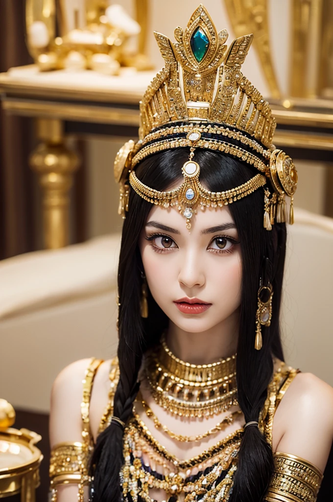 Create an image of Cleopatra, the famous queen of ancient Egypt. She should be depicted with her iconic look: wearing a gold and jewel-encrusted headdress, and adorned with traditional Egyptian jewelry. Her attire should include a flowing white linen dress with gold accents. She has almond-shaped eyes highlighted with dramatic black eyeliner extending towards her temples, and her hair should be styled in a short, curly bob. Surround her with symbols of Egyptian royalty, such as hieroglyphics, a scepter, and a throne. The background should feature elements of ancient Egyptian architecture, such as pyramids or columns. Show her engaging in multiple activities: bathing in honey and milk. Make her appear regal and commanding, yet beautiful and enigmatic.