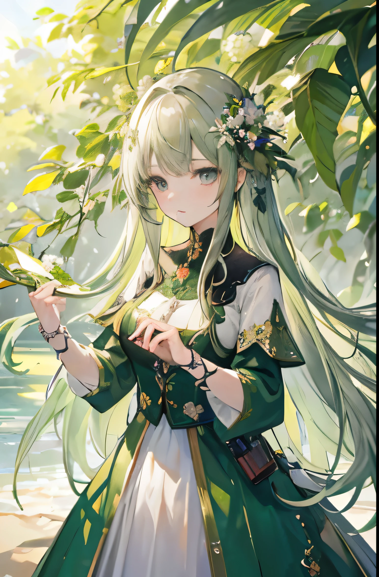Best quality,high detail,masterpiece,1 woman,bright green long hair,gray eyes,clothes made of leaves,flower decoration